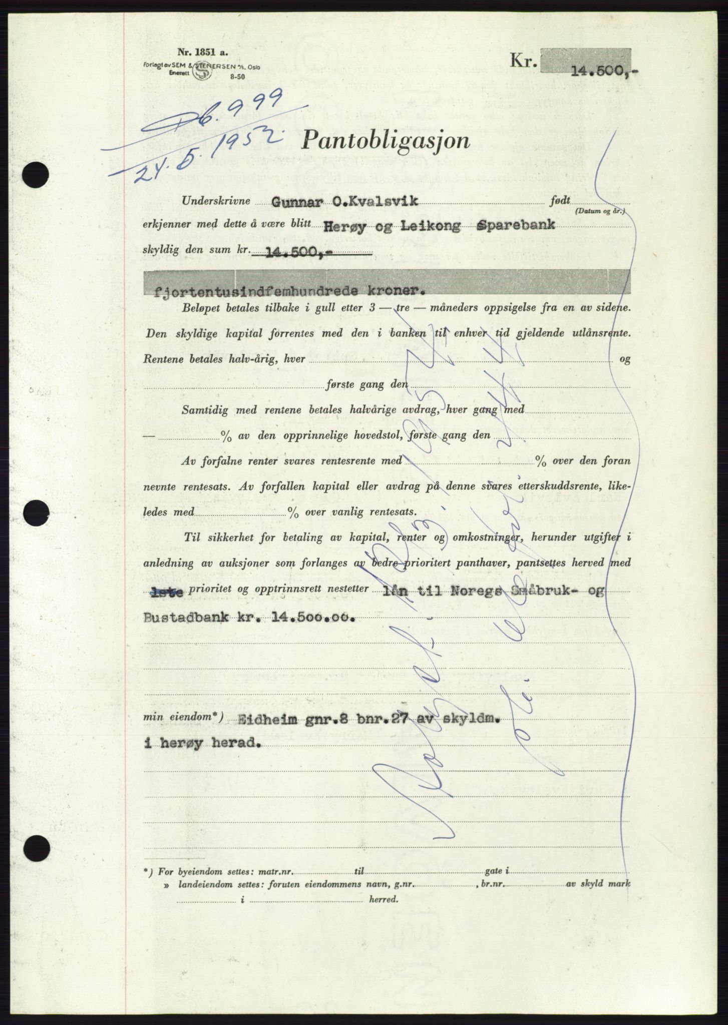 Søre Sunnmøre sorenskriveri, AV/SAT-A-4122/1/2/2C/L0121: Mortgage book no. 9B, 1951-1952, Diary no: : 999/1952