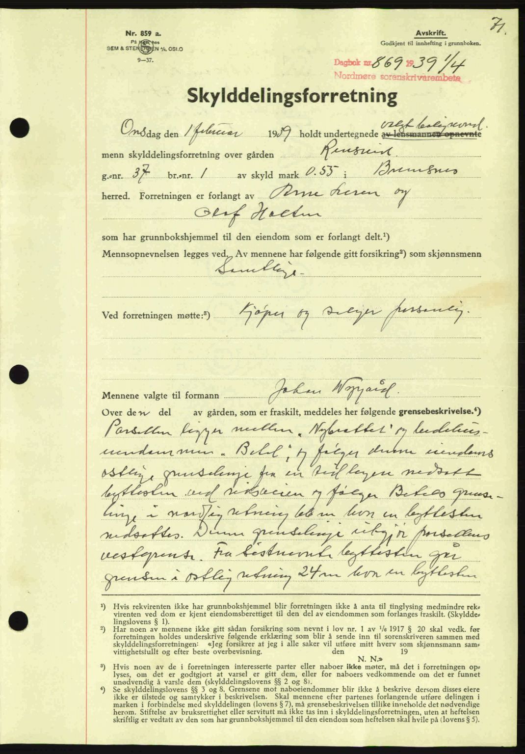 Nordmøre sorenskriveri, AV/SAT-A-4132/1/2/2Ca: Mortgage book no. A86, 1939-1939, Diary no: : 869/1939