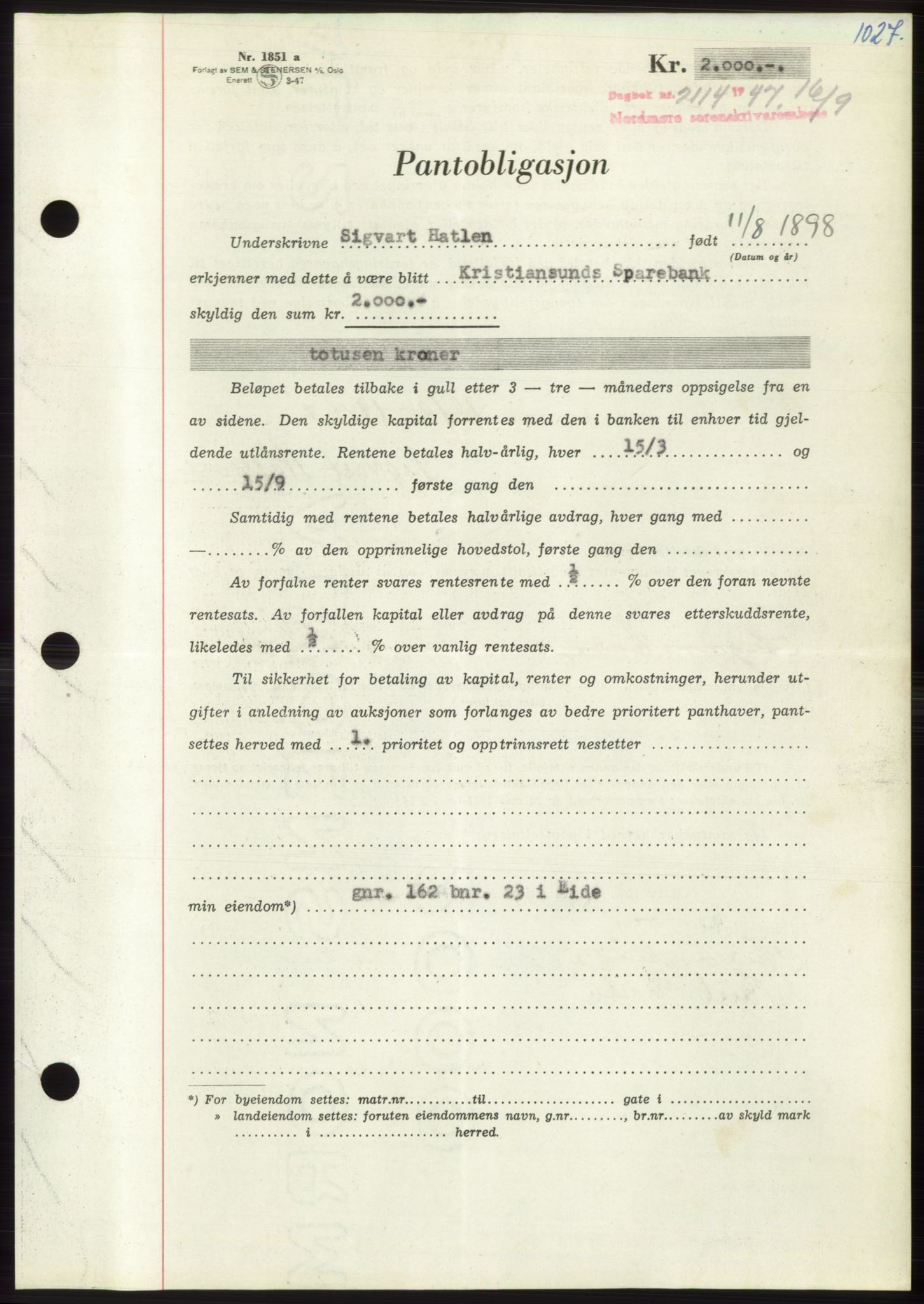 Nordmøre sorenskriveri, AV/SAT-A-4132/1/2/2Ca: Mortgage book no. B96, 1947-1947, Diary no: : 2114/1947