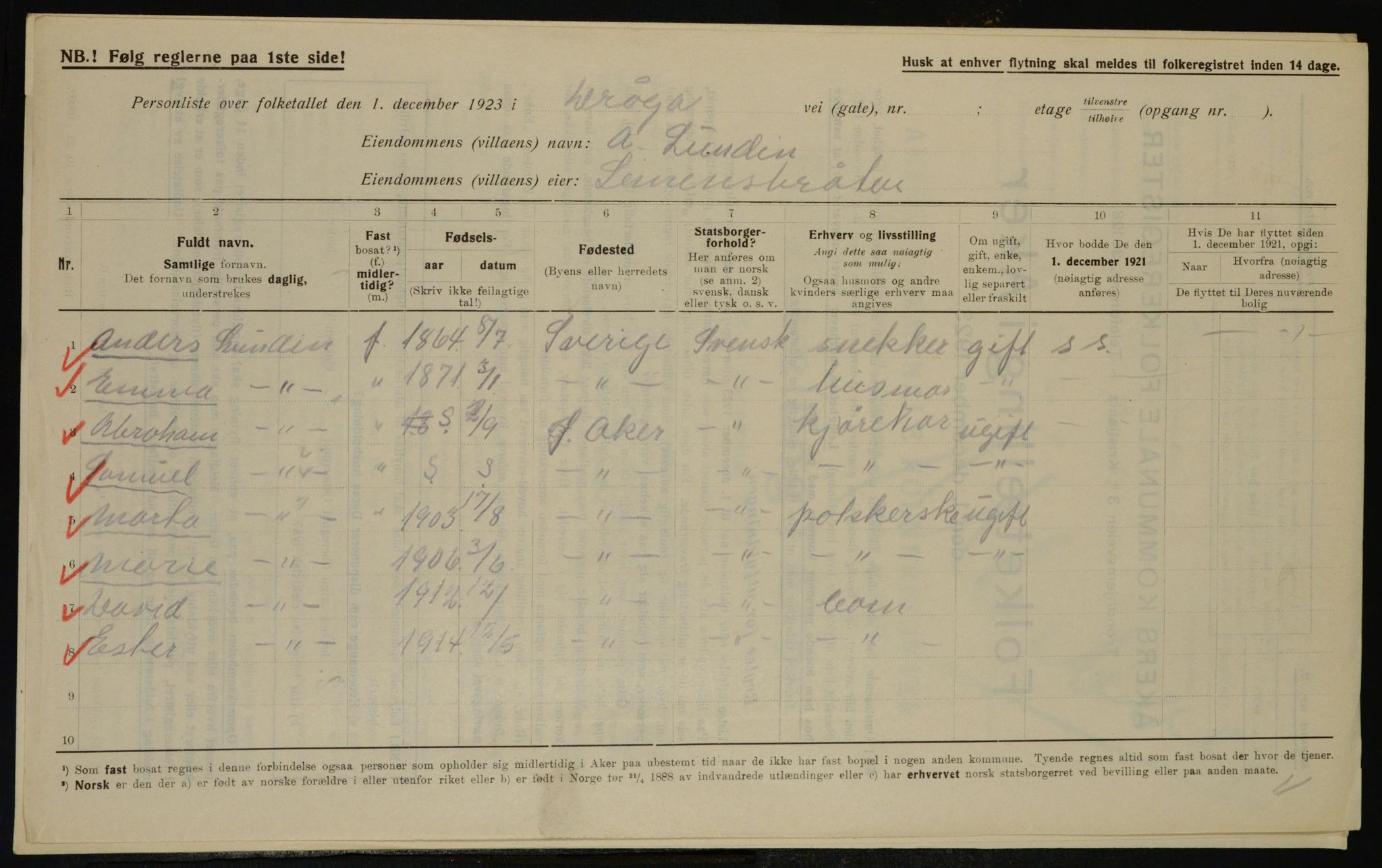 , Municipal Census 1923 for Aker, 1923, p. 37311