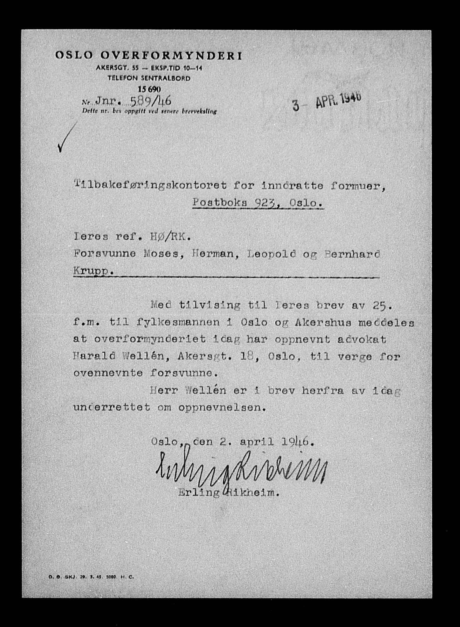 Justisdepartementet, Tilbakeføringskontoret for inndratte formuer, AV/RA-S-1564/H/Hc/Hcc/L0953: --, 1945-1947, p. 583