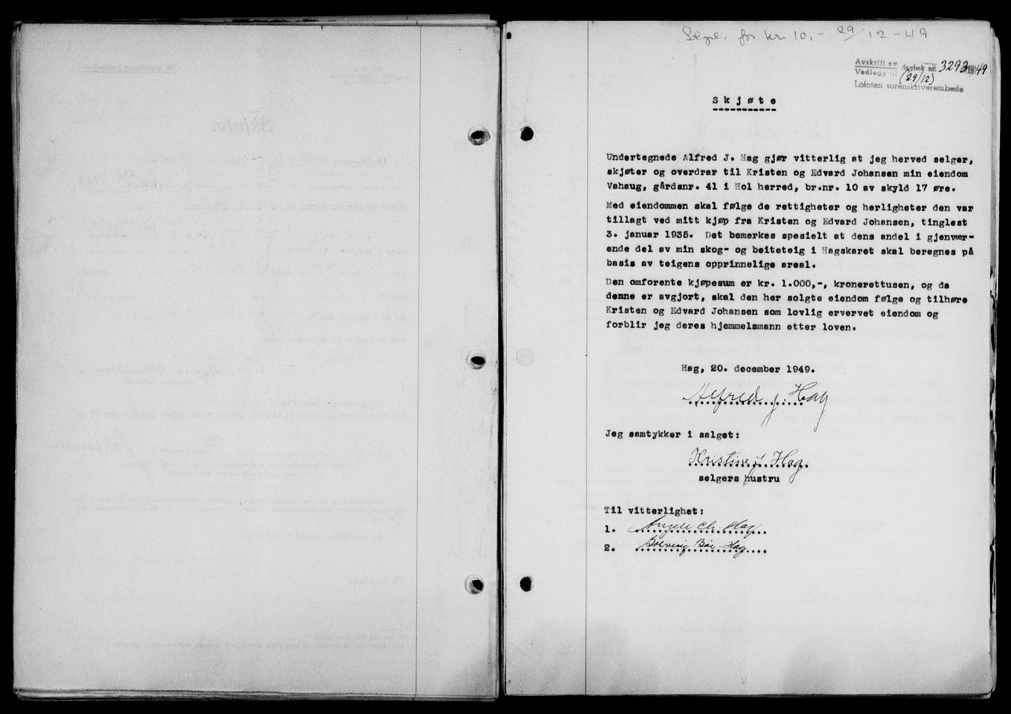 Lofoten sorenskriveri, SAT/A-0017/1/2/2C/L0022a: Mortgage book no. 22a, 1949-1950, Diary no: : 3293/1949