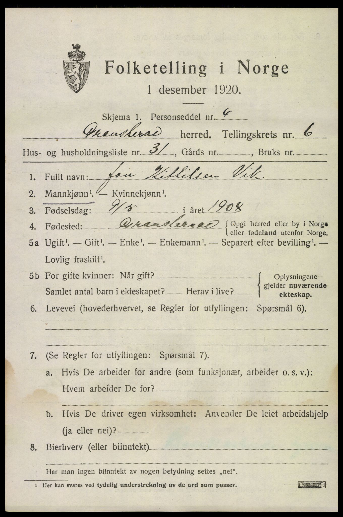SAKO, 1920 census for Gransherad, 1920, p. 2700