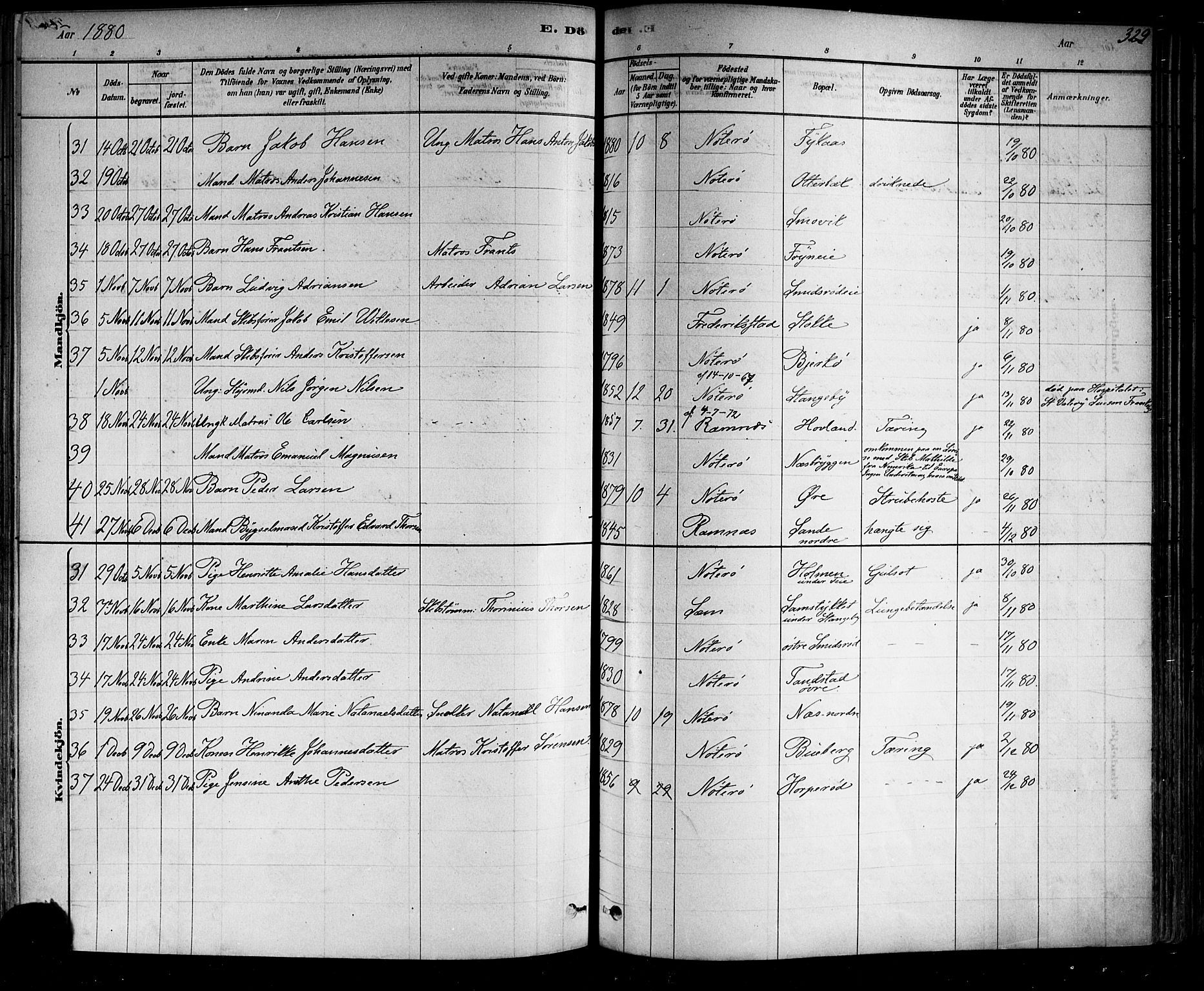 Nøtterøy kirkebøker, SAKO/A-354/F/Fa/L0008: Parish register (official) no. I 8, 1878-1893, p. 329