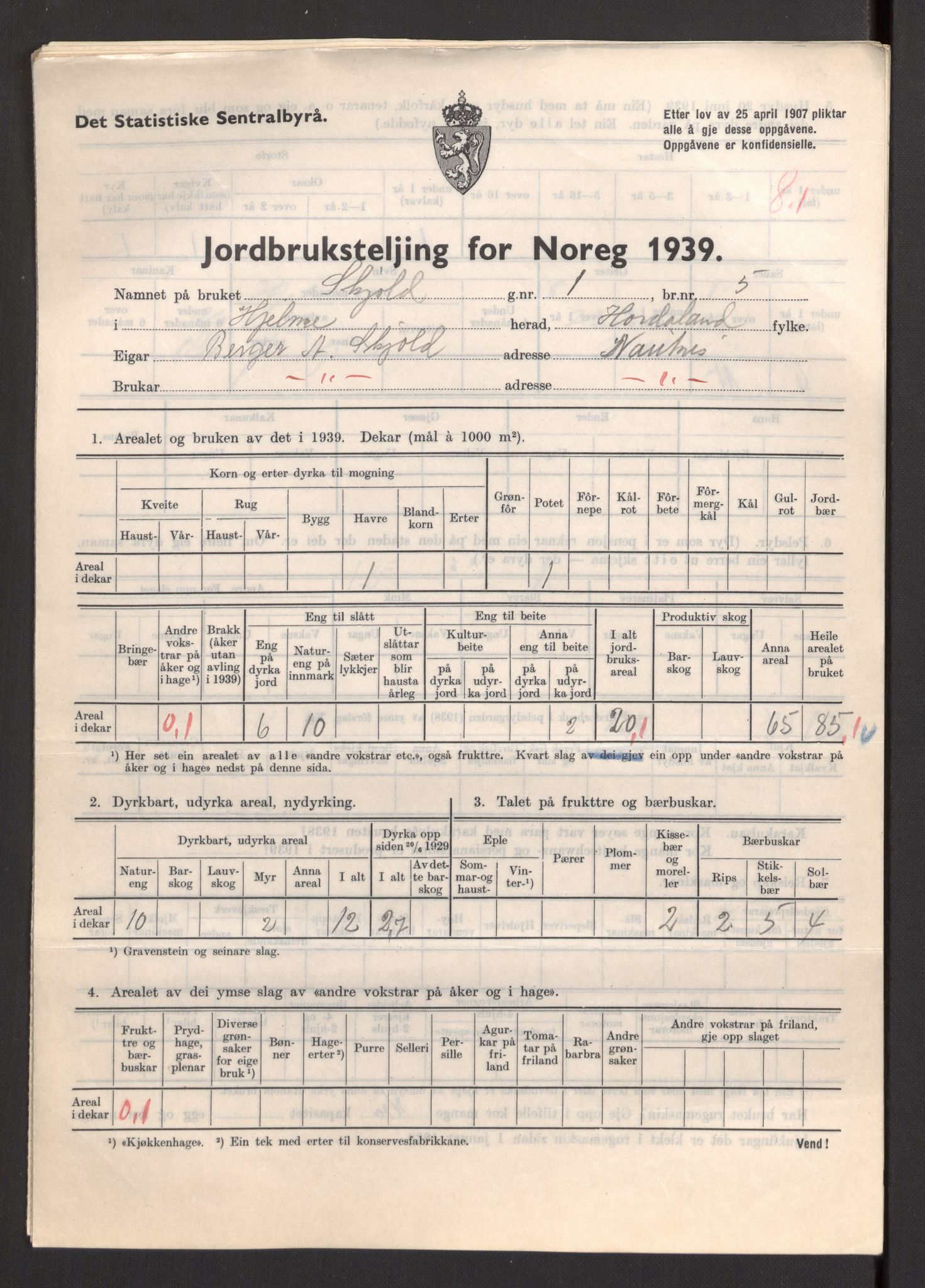 Statistisk sentralbyrå, Næringsøkonomiske emner, Jordbruk, skogbruk, jakt, fiske og fangst, AV/RA-S-2234/G/Gb/L0211: Hordaland: Herdla, Hjelme og Manger, 1939, p. 1349