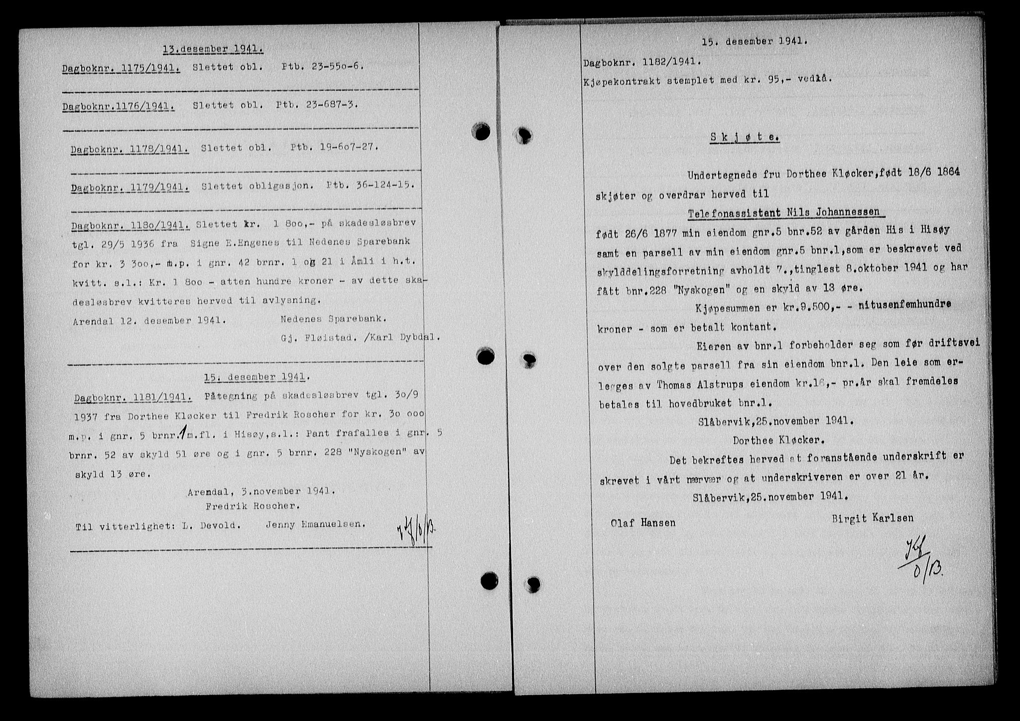 Nedenes sorenskriveri, AV/SAK-1221-0006/G/Gb/Gba/L0049: Mortgage book no. A-III, 1941-1942, Diary no: : 1182/1941