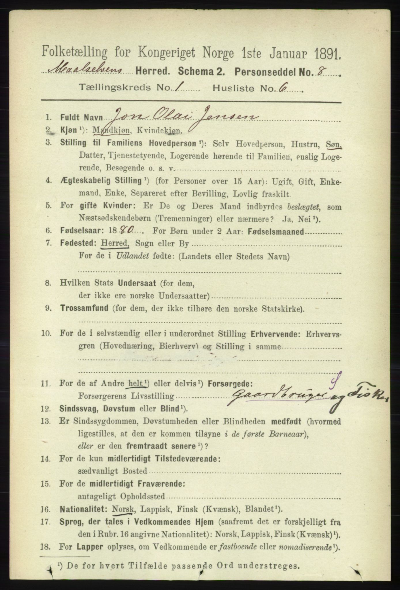 RA, 1891 census for 1924 Målselv, 1891, p. 105