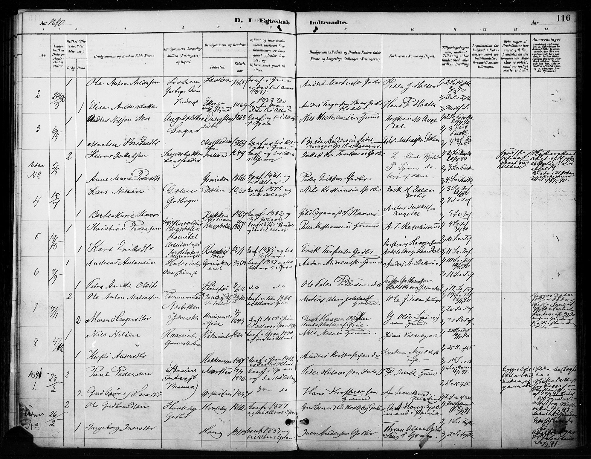 Gran prestekontor, SAH/PREST-112/H/Ha/Haa/L0018: Parish register (official) no. 18, 1889-1899, p. 116