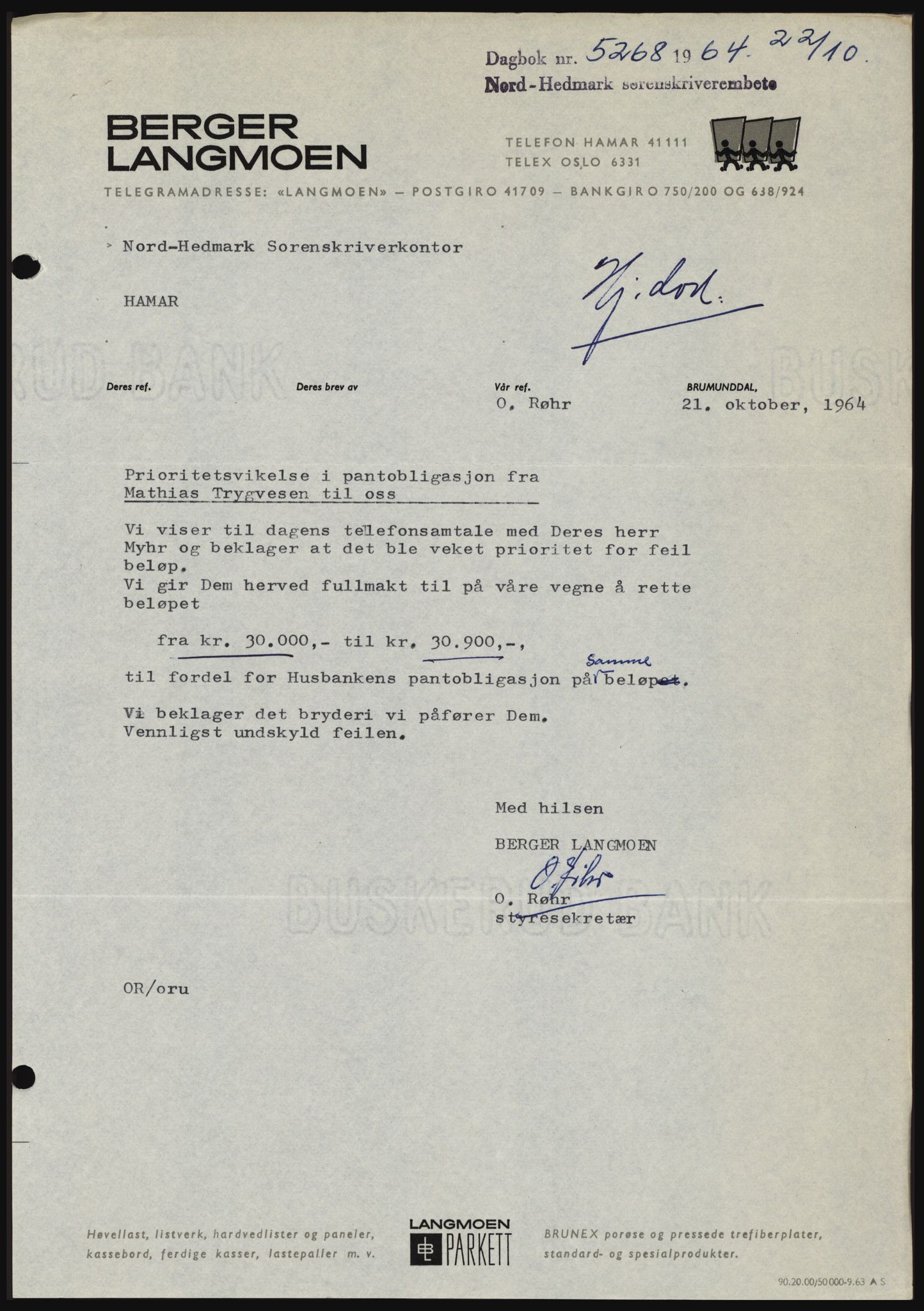 Nord-Hedmark sorenskriveri, SAH/TING-012/H/Hc/L0020: Mortgage book no. 20, 1964-1964, Diary no: : 5268/1964