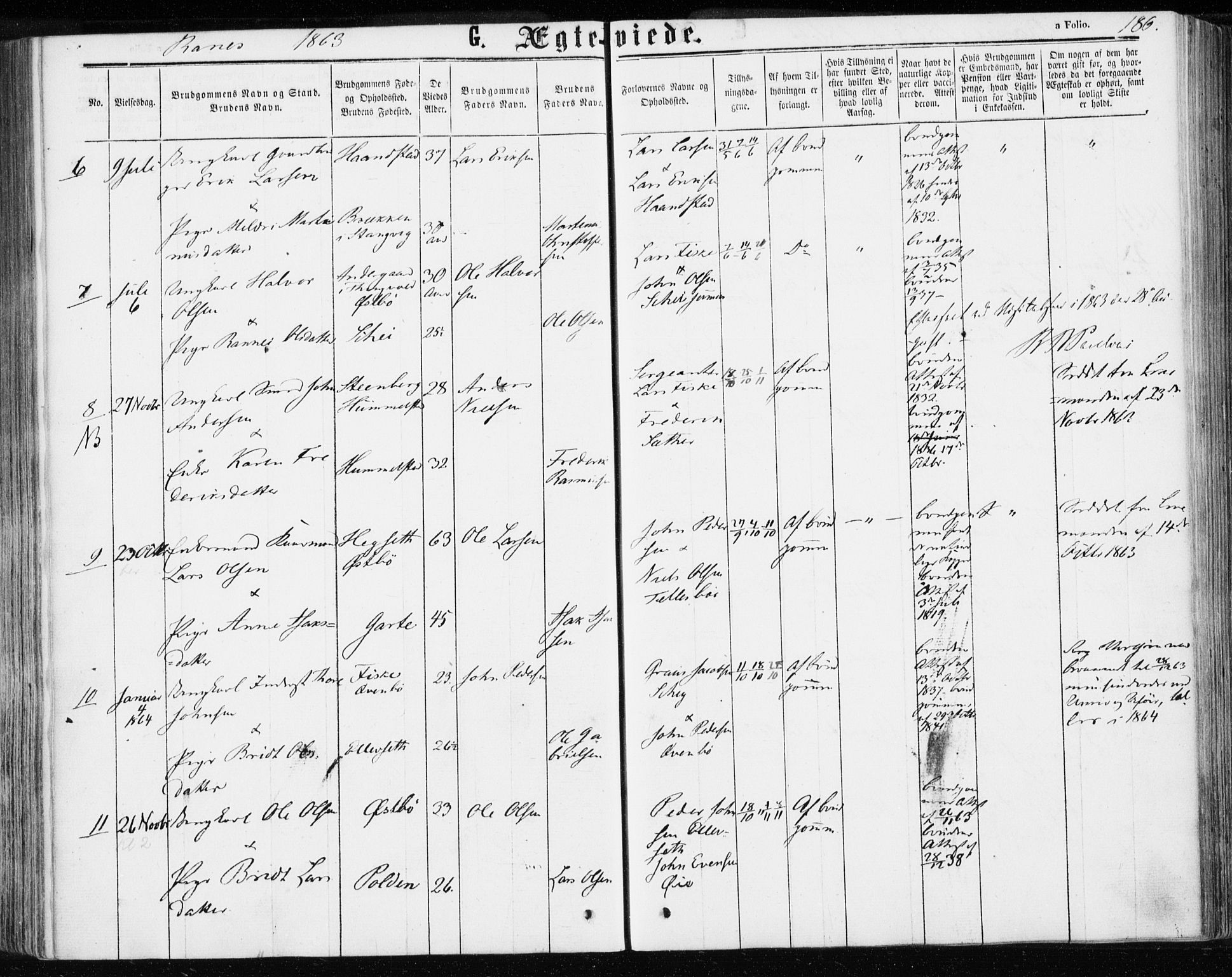 Ministerialprotokoller, klokkerbøker og fødselsregistre - Møre og Romsdal, SAT/A-1454/595/L1045: Parish register (official) no. 595A07, 1863-1873, p. 186