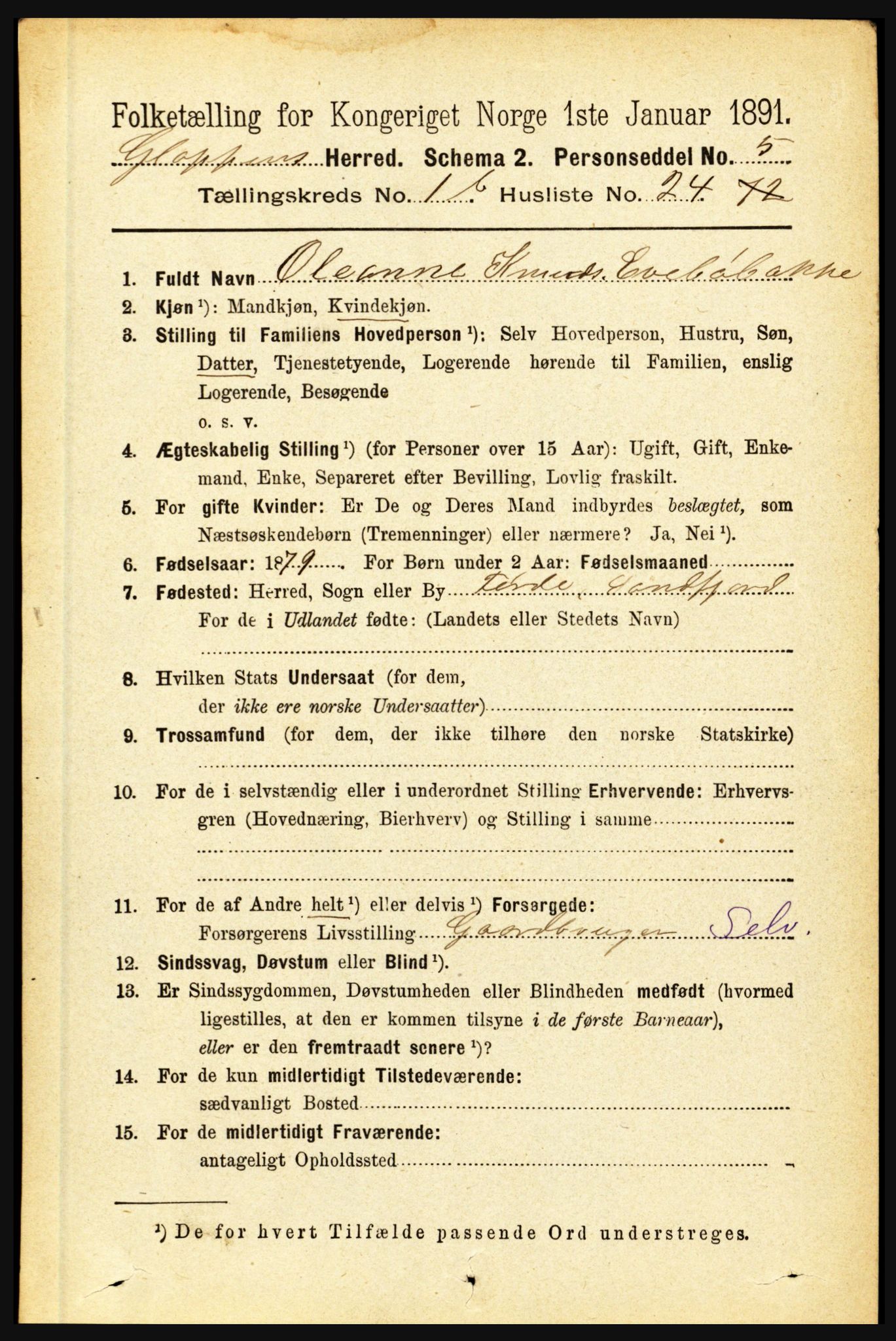 RA, 1891 census for 1445 Gloppen, 1891, p. 535
