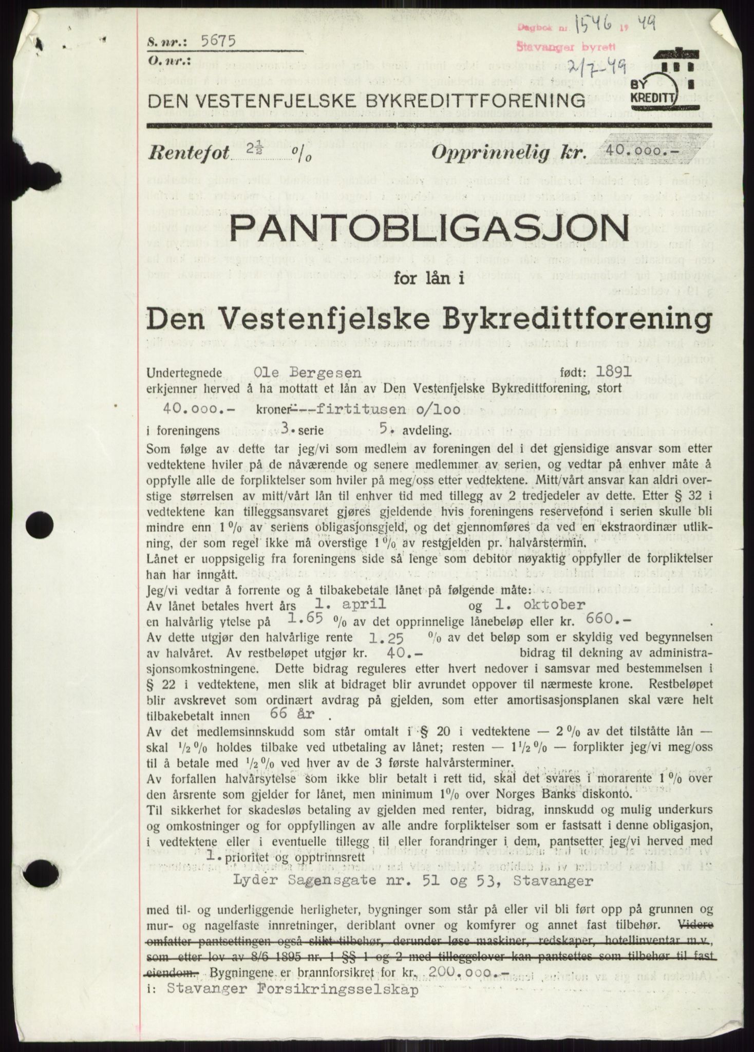 Stavanger byrett, SAST/A-100455/002/G/Gb/L0032: Mortgage book, 1947-1950, Diary no: : 1546/1949