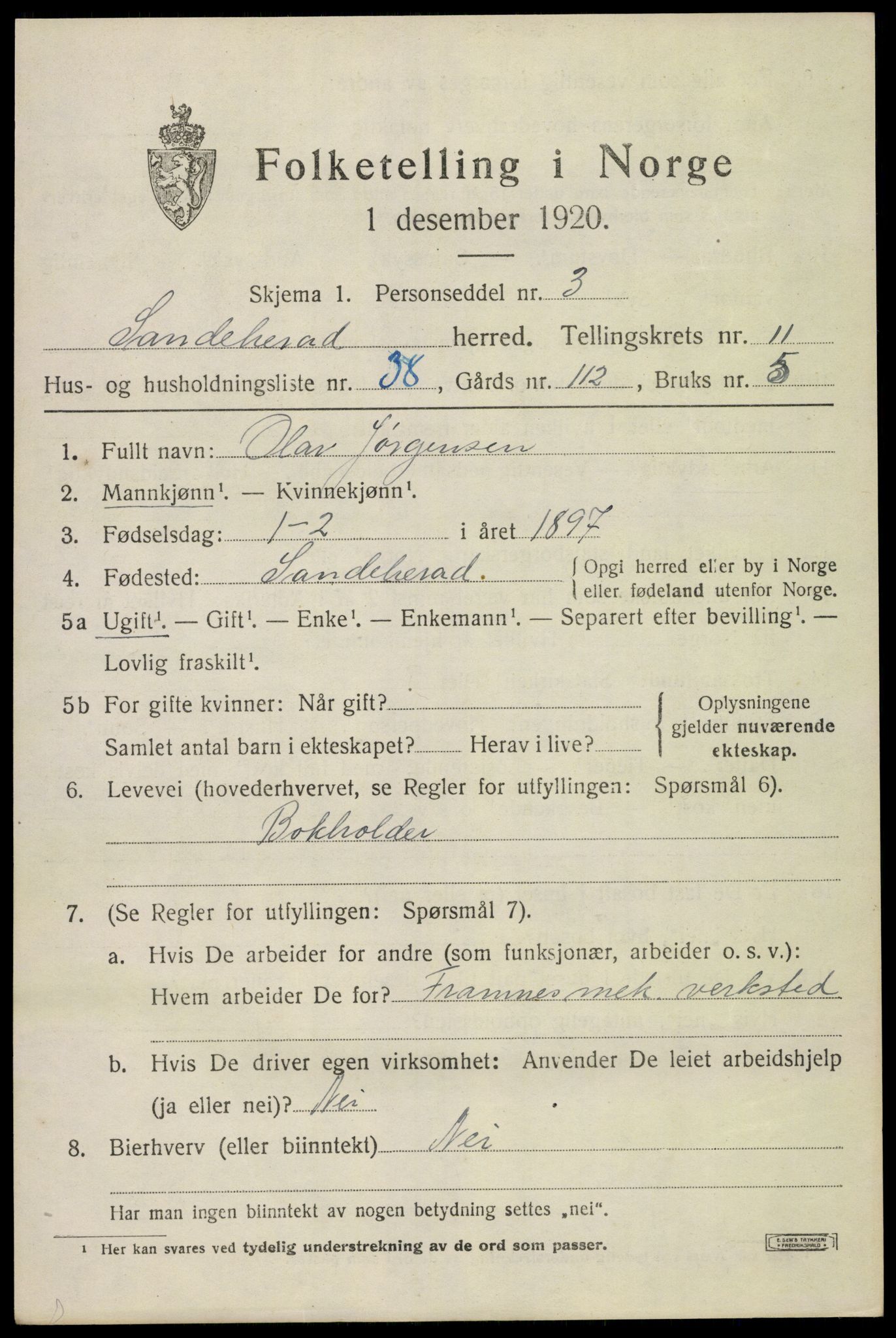 SAKO, 1920 census for Sandeherred, 1920, p. 16140