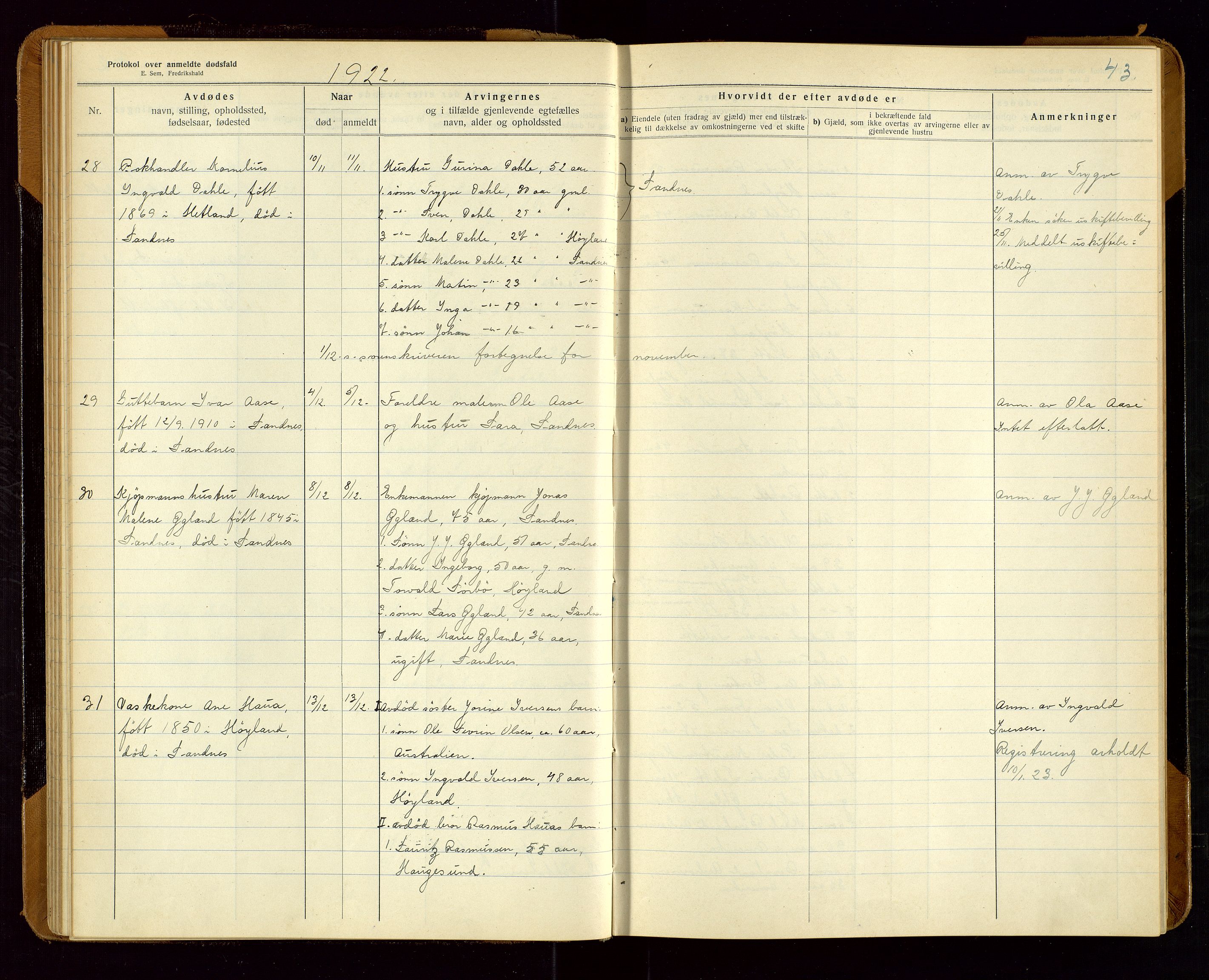 Sandnes lensmannskontor, SAST/A-100167/Gga/L0001: "Protokol over anmeldte dødsfald" m/register, 1918-1940, p. 43