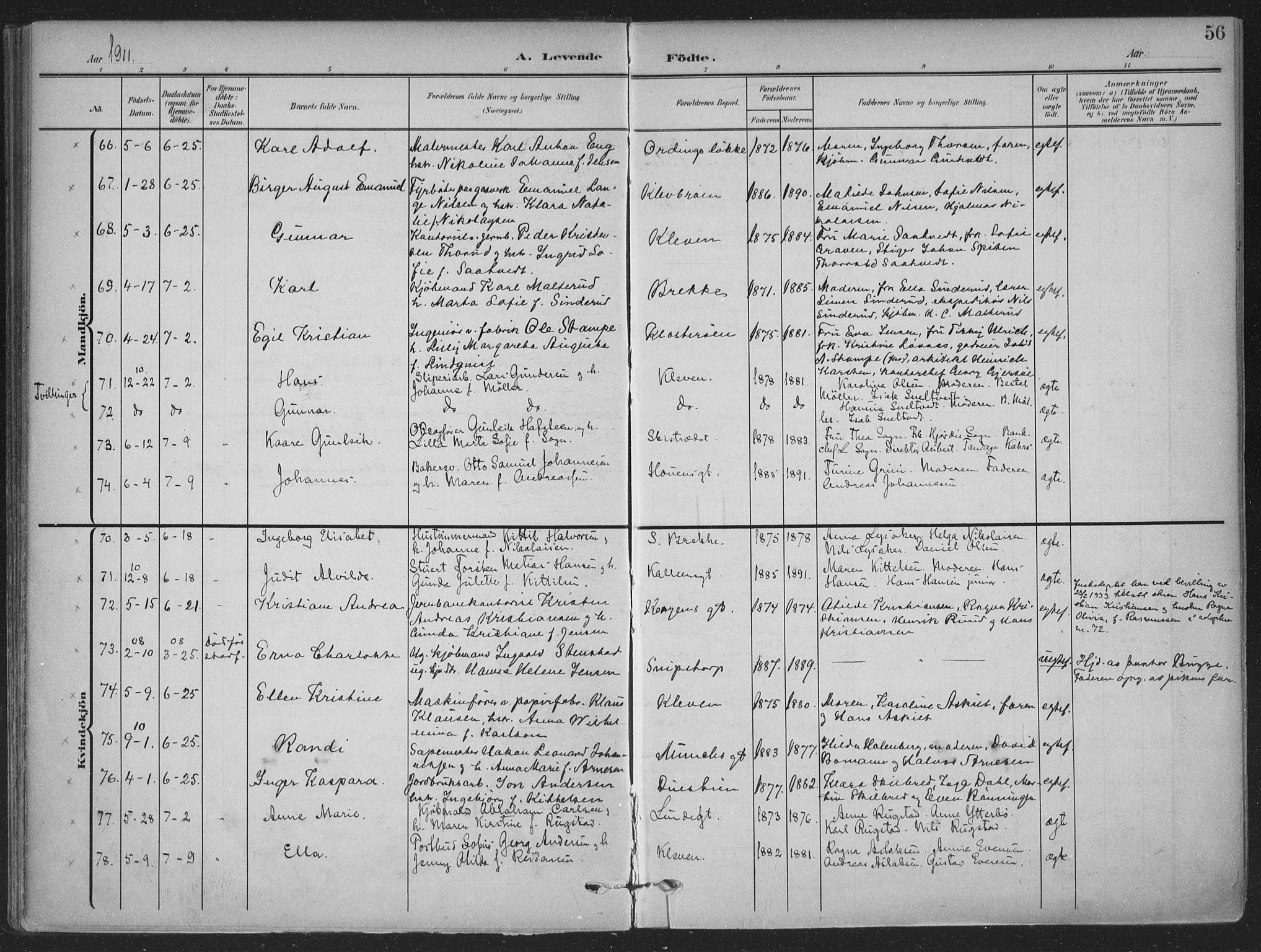 Skien kirkebøker, AV/SAKO-A-302/F/Fa/L0012: Parish register (official) no. 12, 1908-1914, p. 56