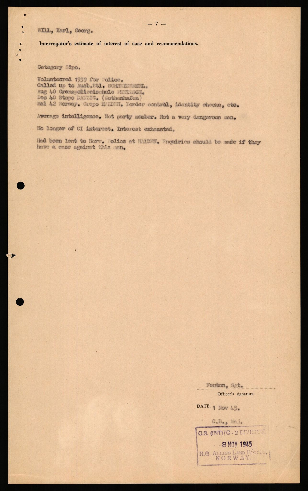 Forsvaret, Forsvarets overkommando II, AV/RA-RAFA-3915/D/Db/L0036: CI Questionaires. Tyske okkupasjonsstyrker i Norge. Tyskere., 1945-1946, p. 79