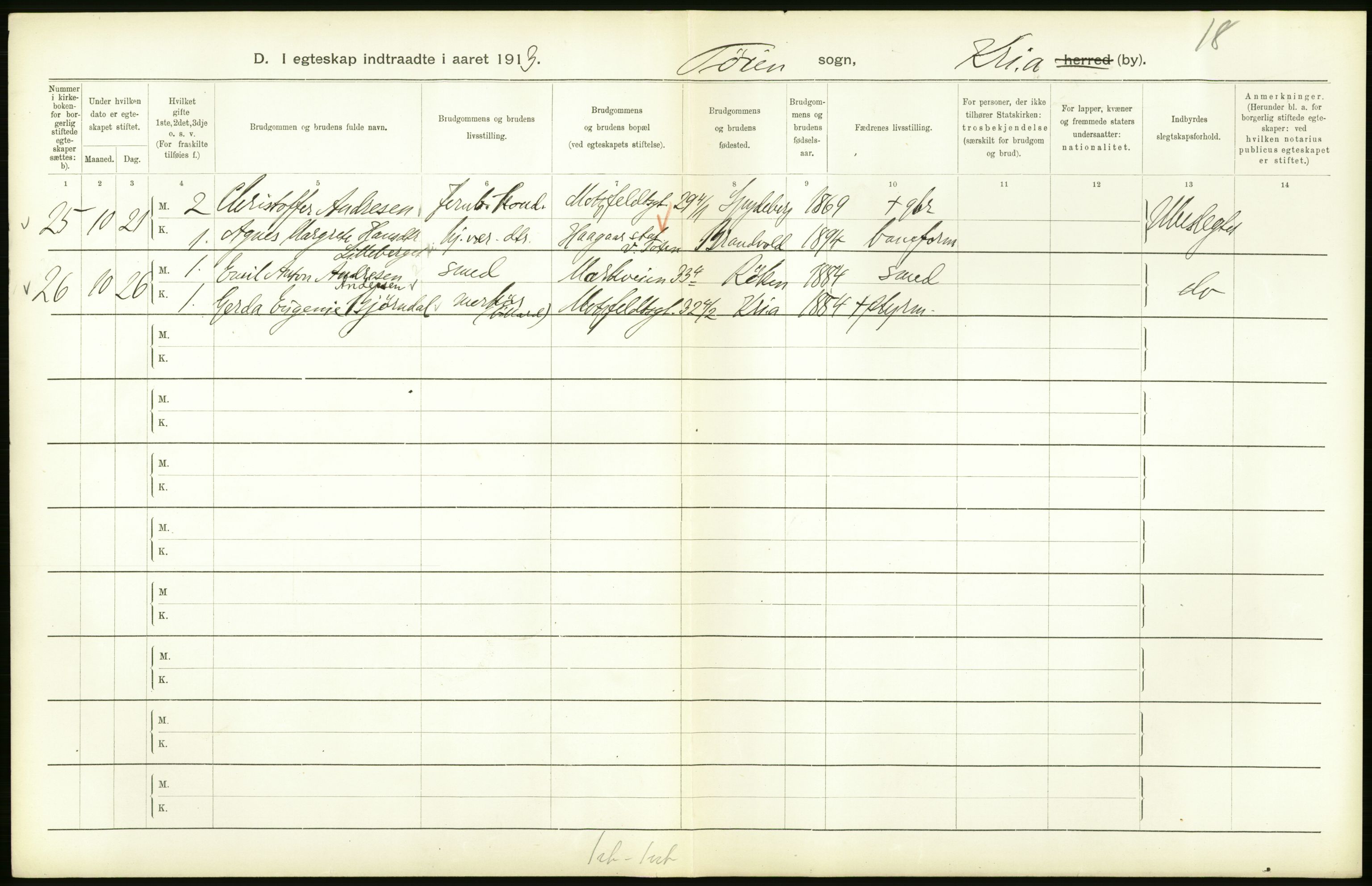 Statistisk sentralbyrå, Sosiodemografiske emner, Befolkning, RA/S-2228/D/Df/Dfb/Dfbc/L0008: Kristiania: Gifte., 1913, p. 140