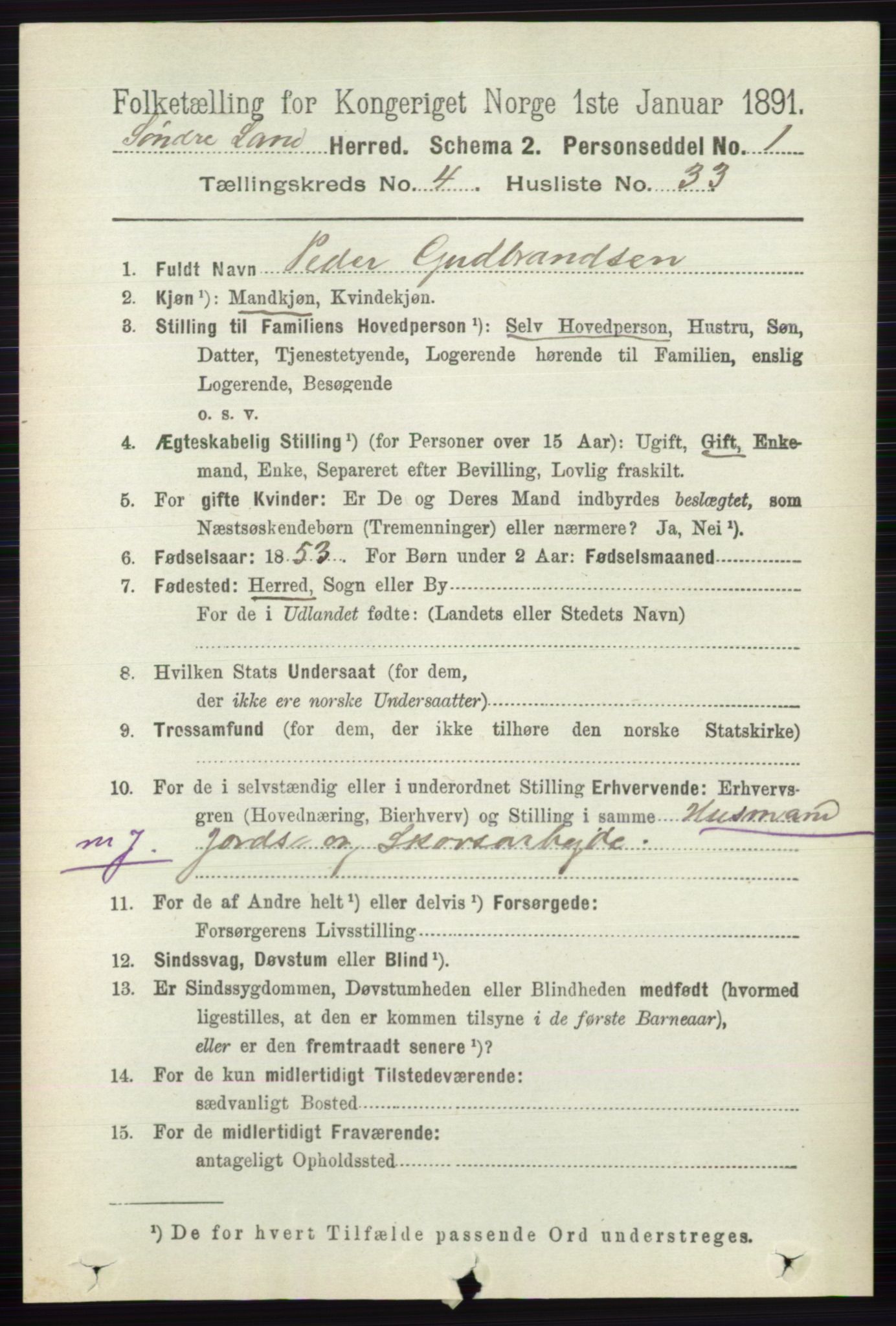 RA, 1891 census for 0536 Søndre Land, 1891, p. 4174