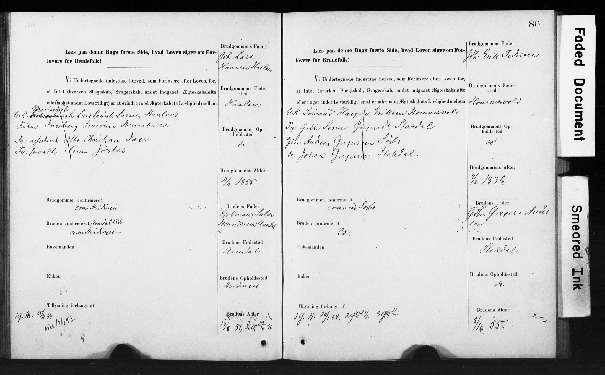 Rennesøy sokneprestkontor, SAST/A -101827/I/Ie/L0001: Banns register no. 1, 1873-1898, p. 86