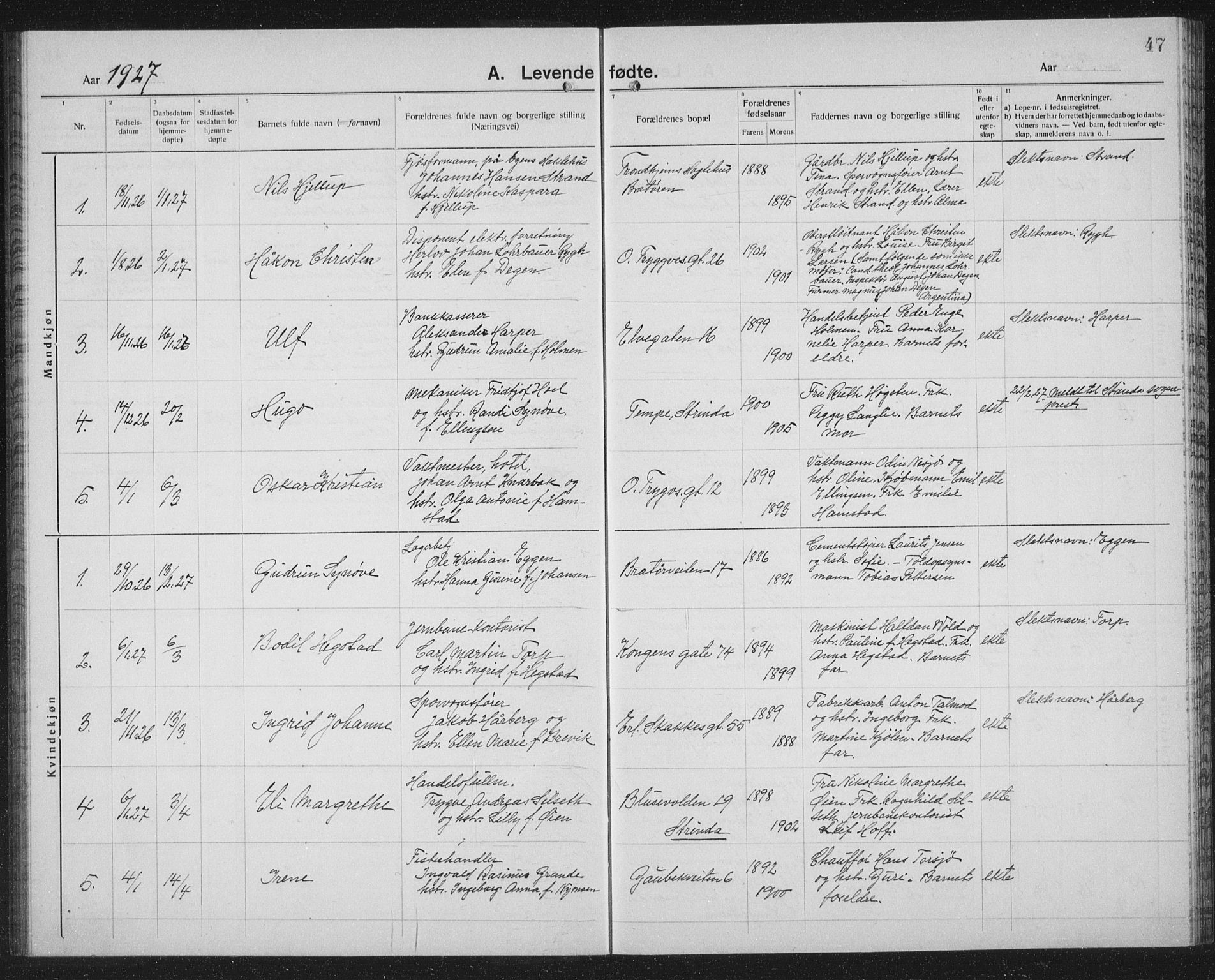 Ministerialprotokoller, klokkerbøker og fødselsregistre - Sør-Trøndelag, AV/SAT-A-1456/602/L0148: Parish register (copy) no. 602C16, 1919-1939, p. 47