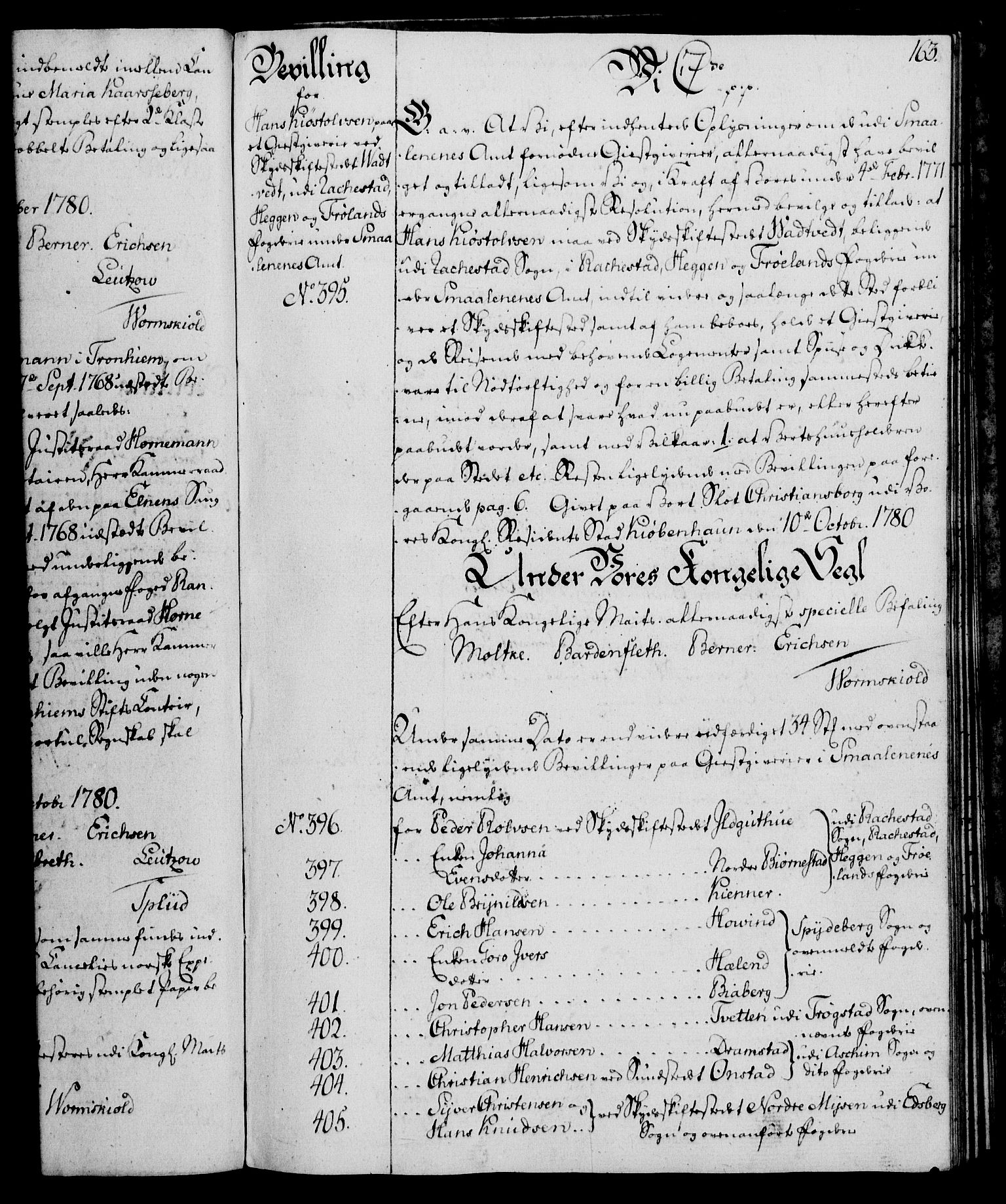 Rentekammeret, Kammerkanselliet, AV/RA-EA-3111/G/Gg/Gga/L0011: Norsk ekspedisjonsprotokoll med register (merket RK 53.11), 1779-1781, p. 163