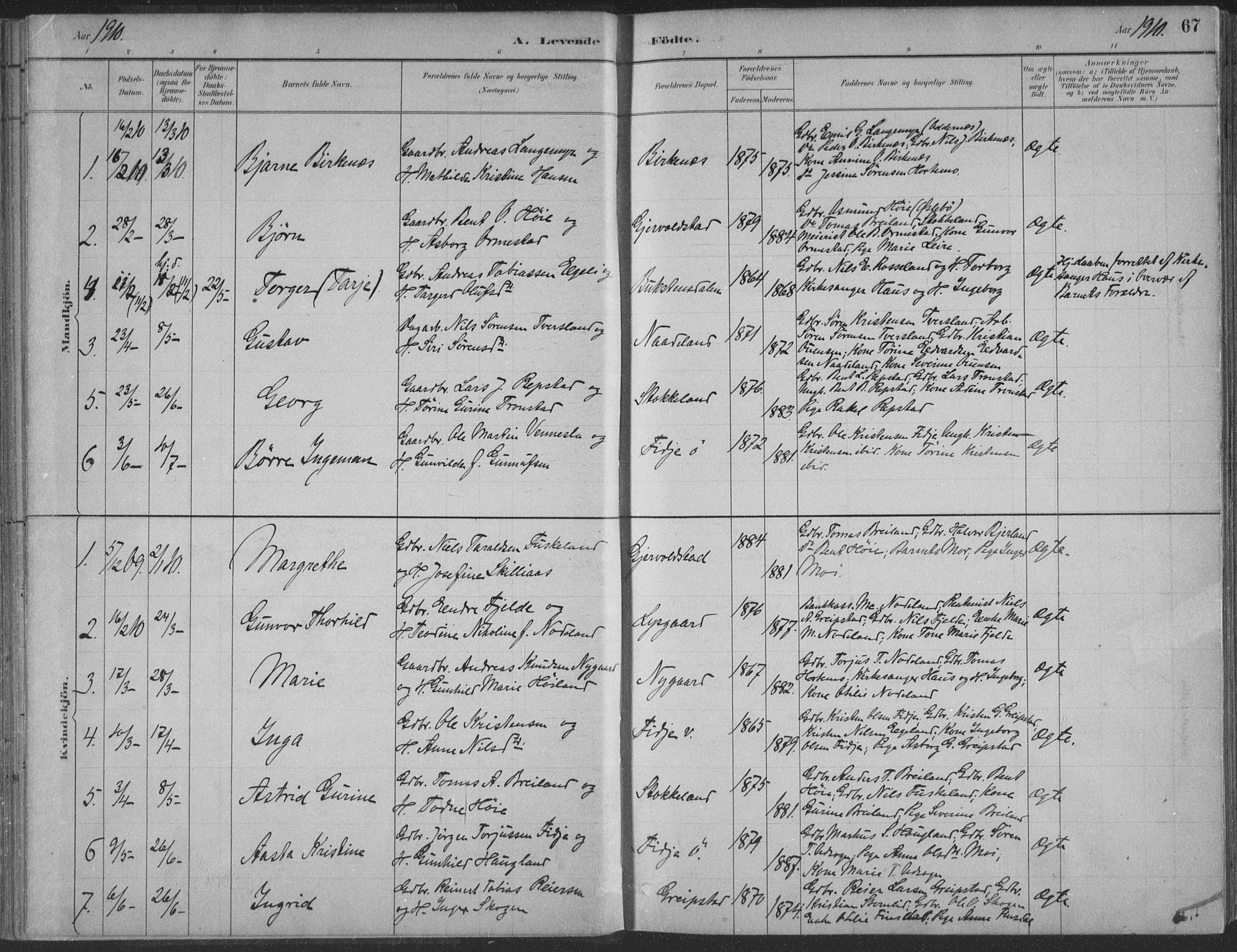 Søgne sokneprestkontor, AV/SAK-1111-0037/F/Fa/Faa/L0003: Parish register (official) no. A 3, 1883-1910, p. 67