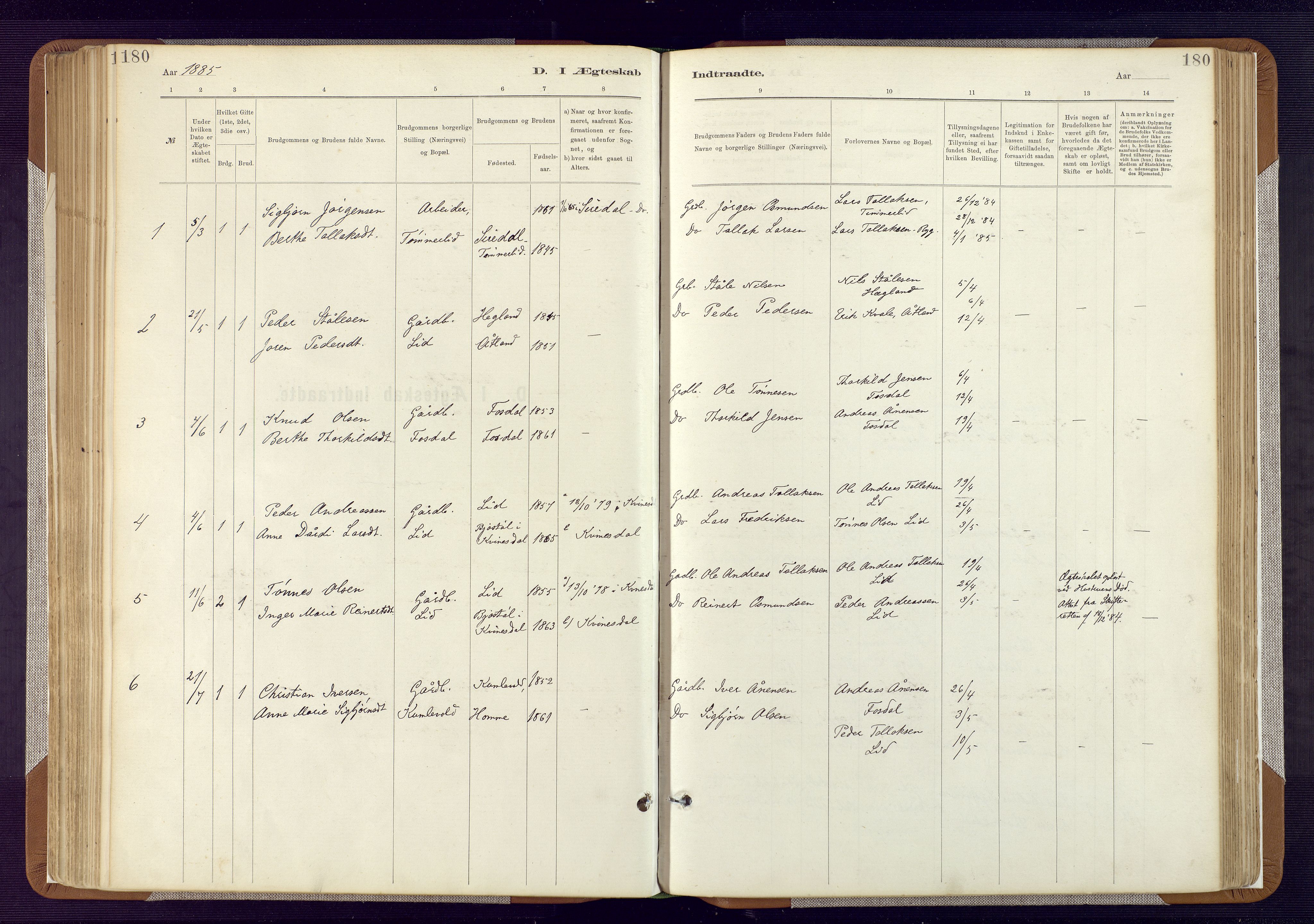 Bakke sokneprestkontor, SAK/1111-0002/F/Fa/Fab/L0003: Parish register (official) no. A 3, 1884-1921, p. 180