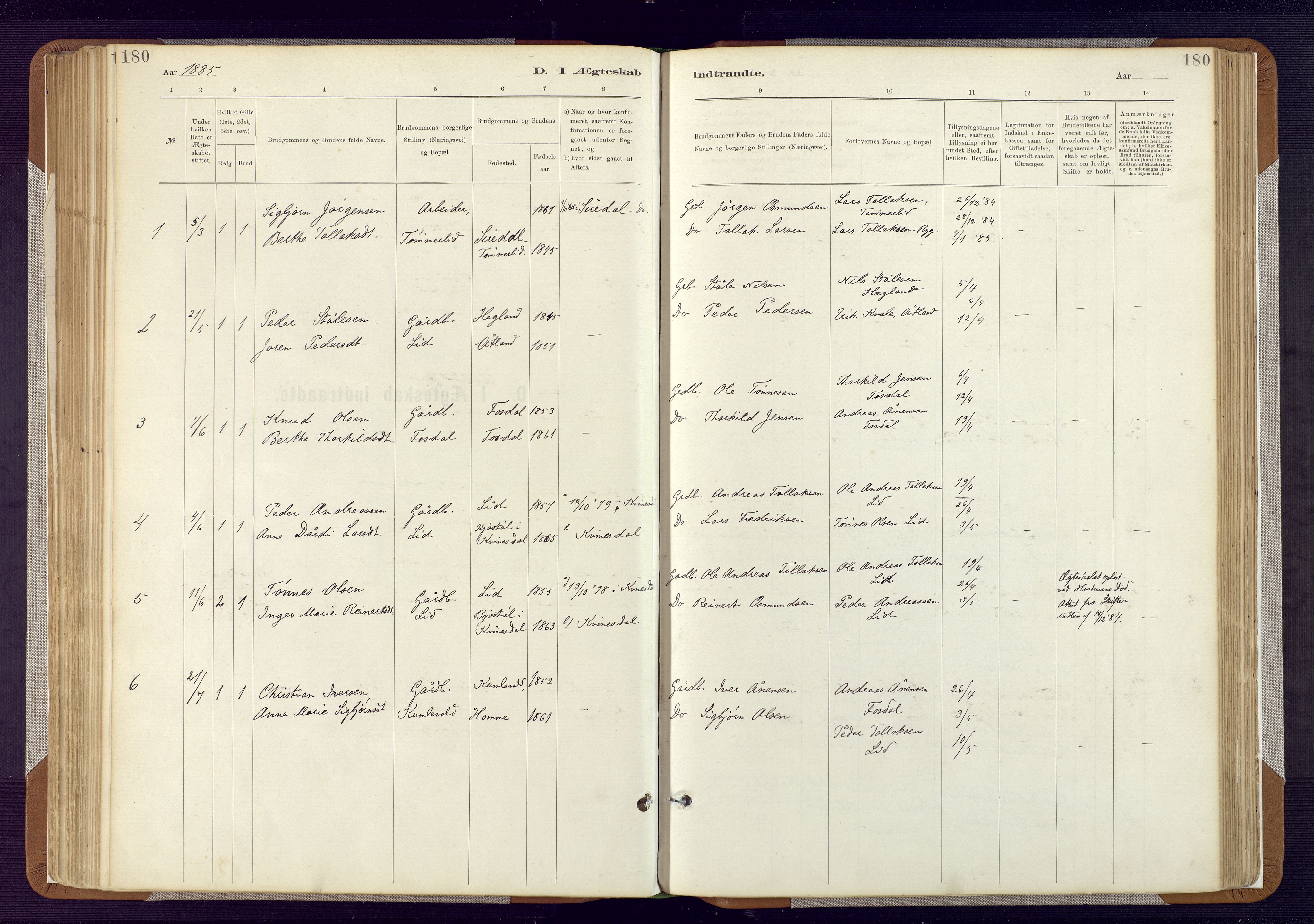 Bakke sokneprestkontor, AV/SAK-1111-0002/F/Fa/Fab/L0003: Parish register (official) no. A 3, 1884-1921, p. 180