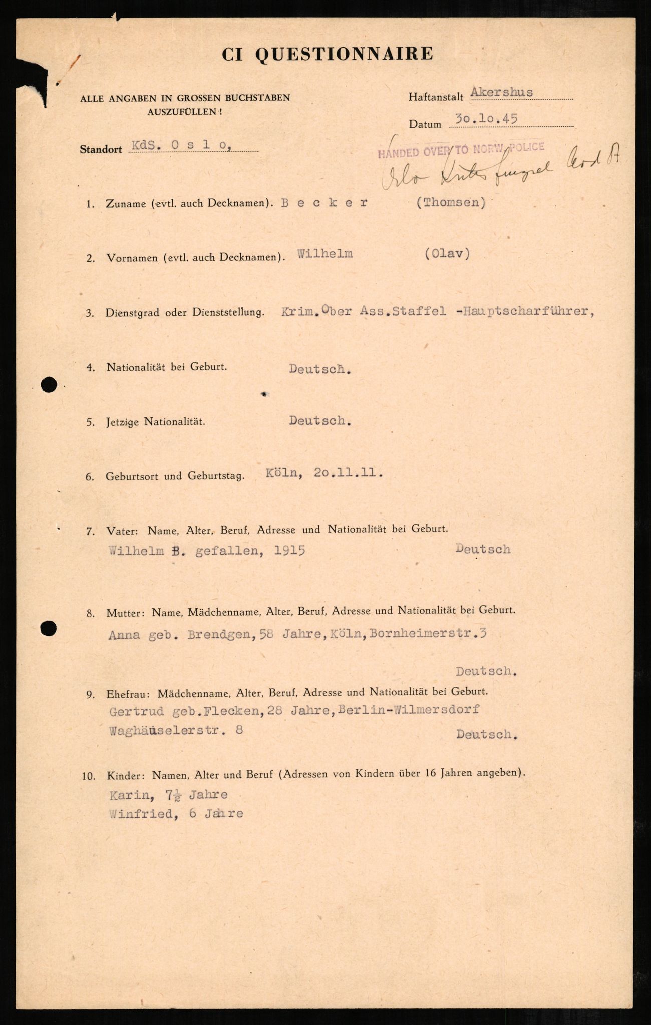 Forsvaret, Forsvarets overkommando II, RA/RAFA-3915/D/Db/L0002: CI Questionaires. Tyske okkupasjonsstyrker i Norge. Tyskere., 1945-1946, p. 353