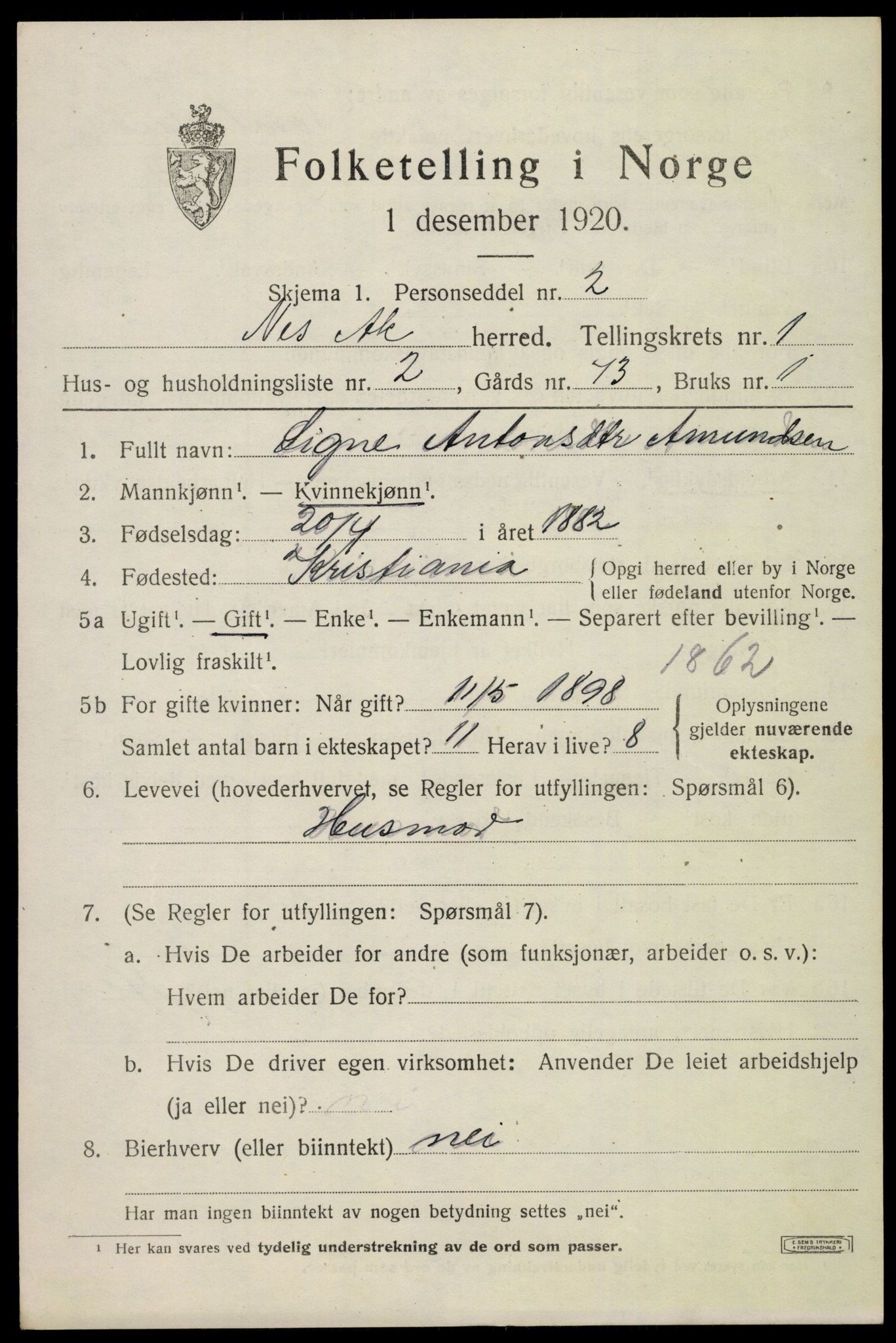 SAO, 1920 census for Nes, 1920, p. 3398