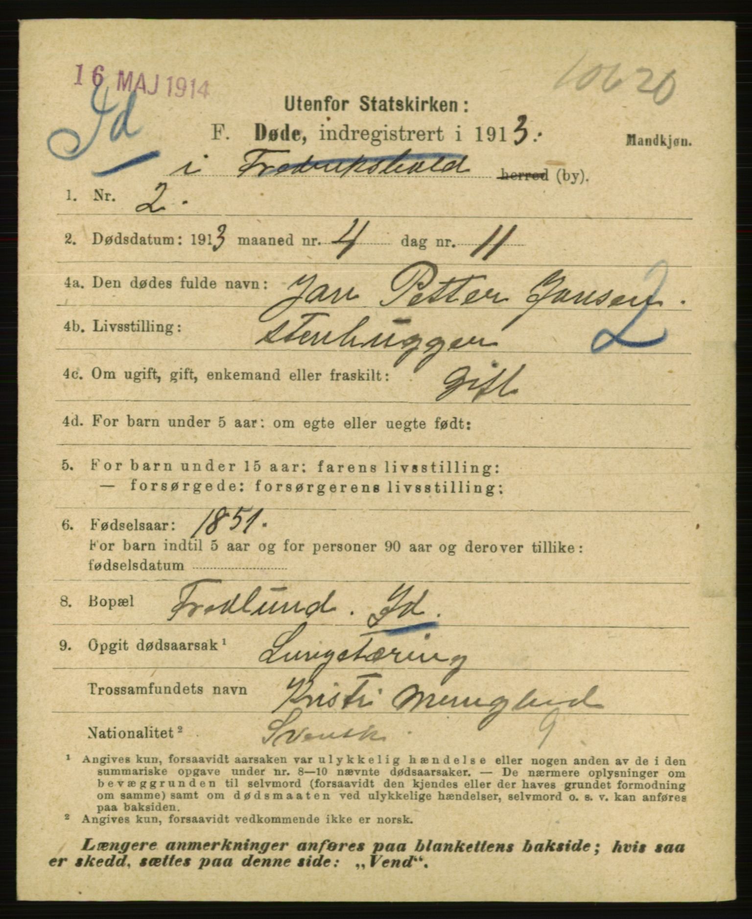 Statistisk sentralbyrå, Sosiodemografiske emner, Befolkning, AV/RA-S-2228/E/L0011: Fødte, gifte, døde dissentere., 1913, p. 2385