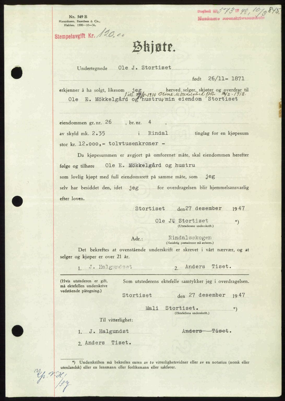 Nordmøre sorenskriveri, AV/SAT-A-4132/1/2/2Ca: Mortgage book no. A107, 1947-1948, Diary no: : 573/1948