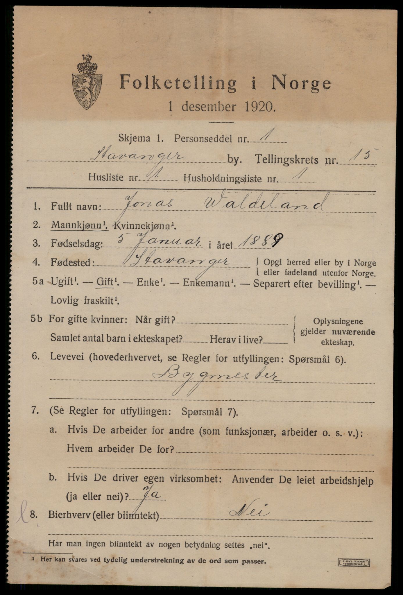 SAST, 1920 census for Stavanger, 1920, p. 61422