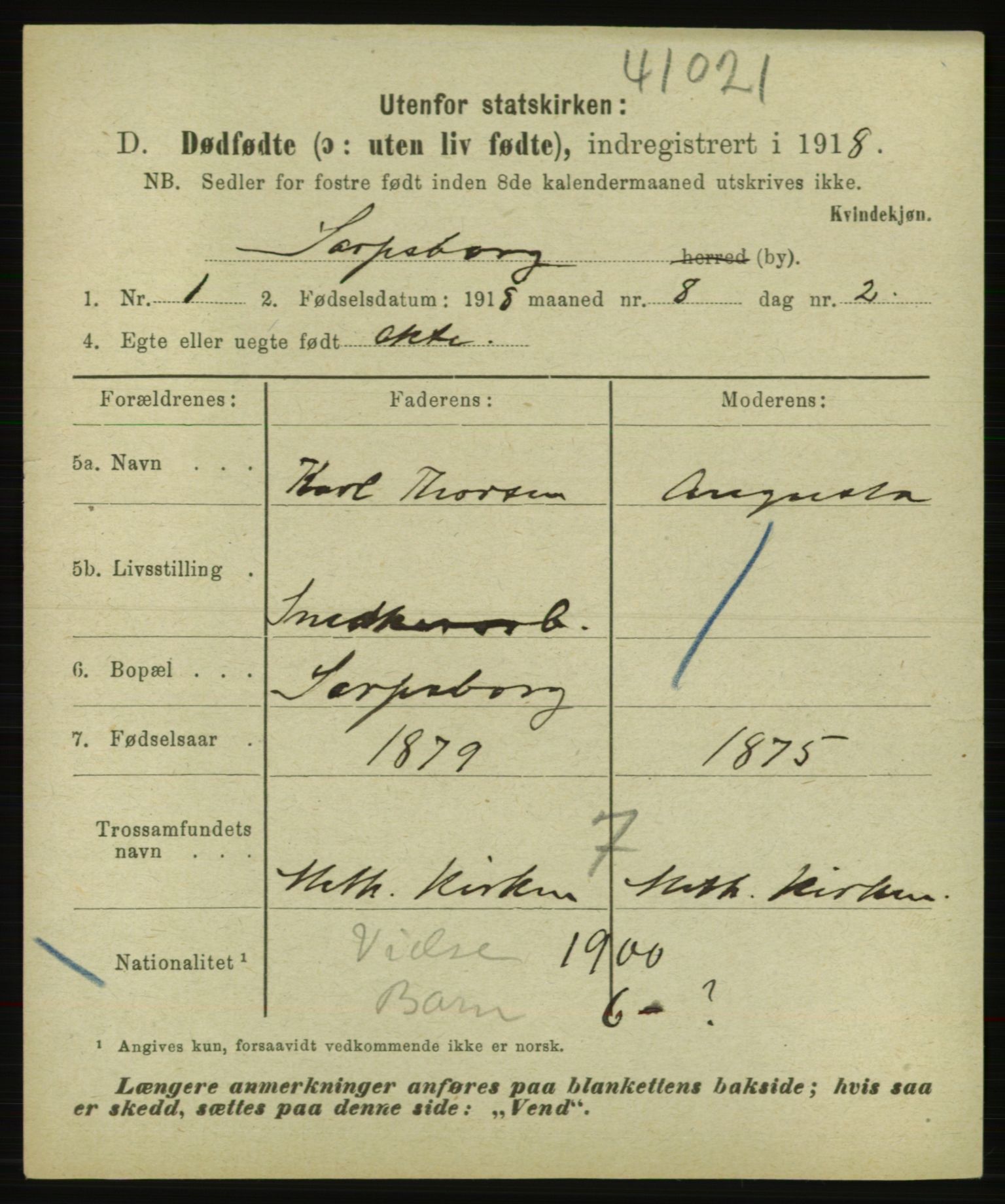 Statistisk sentralbyrå, Sosiodemografiske emner, Befolkning, AV/RA-S-2228/E/L0016: Fødte, gifte, døde dissentere., 1918, p. 3789