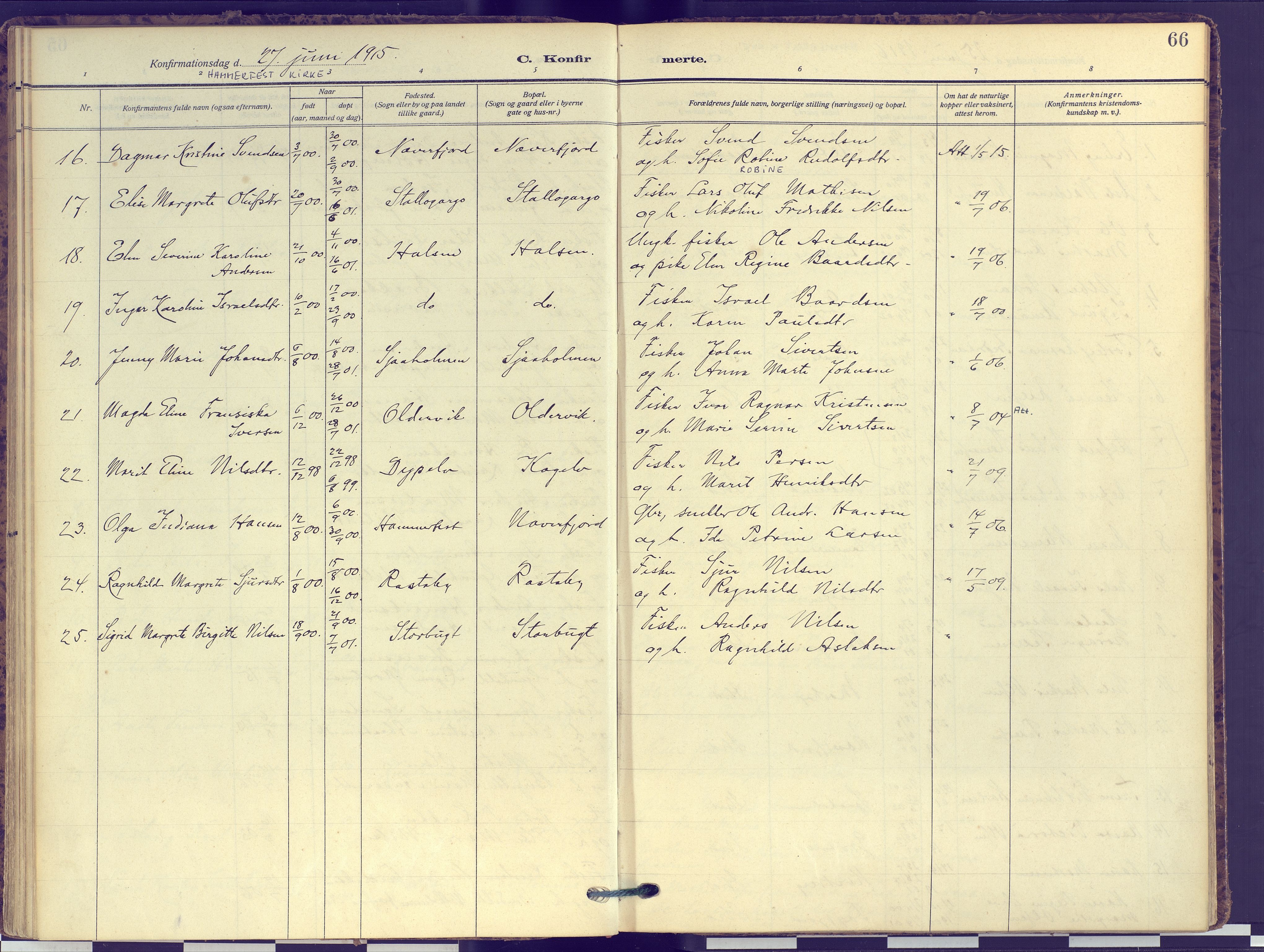 Hammerfest sokneprestkontor, AV/SATØ-S-1347/H/Ha/L0016.kirke: Parish register (official) no. 16, 1908-1923, p. 66