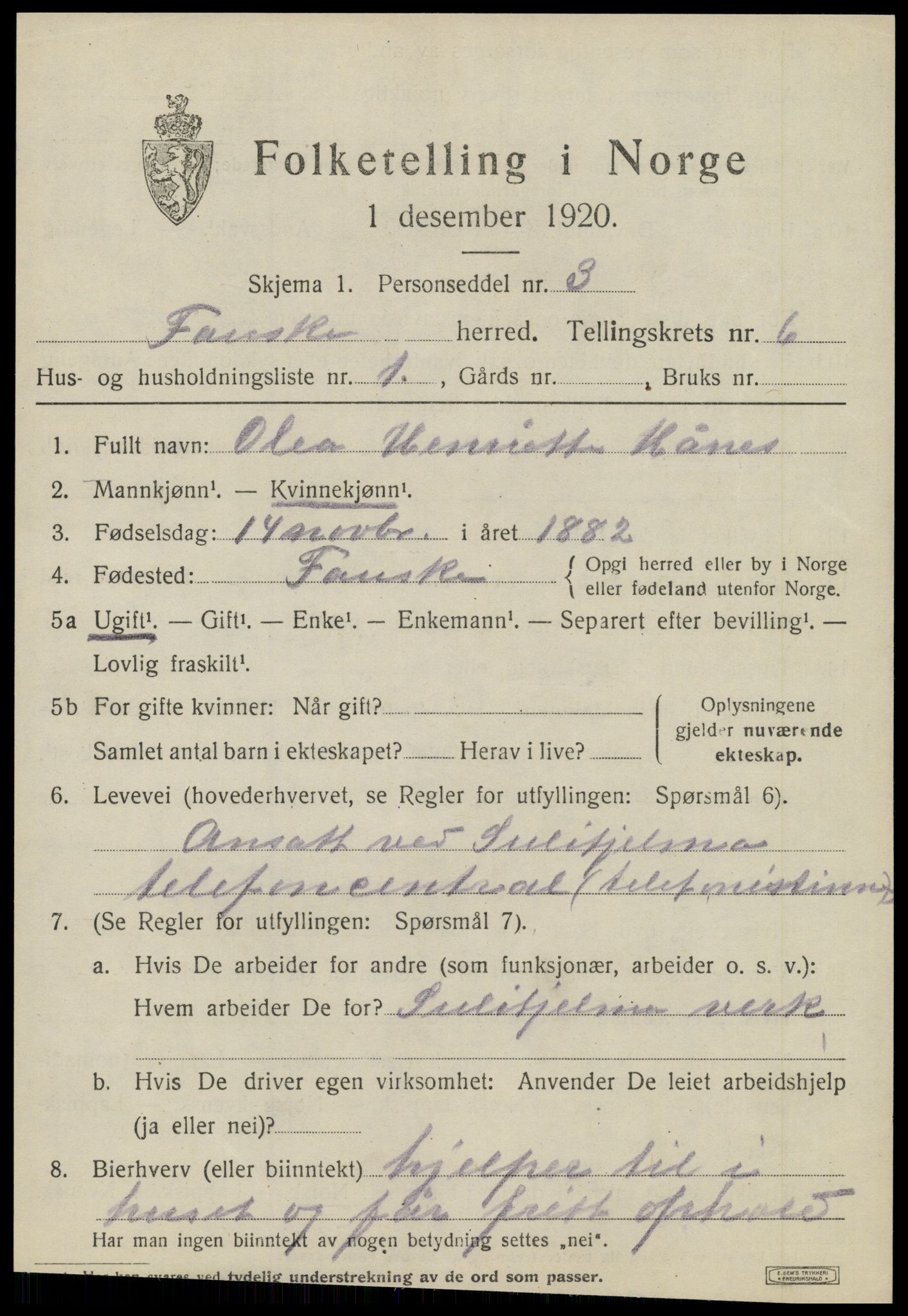 SAT, 1920 census for Fauske, 1920, p. 5436