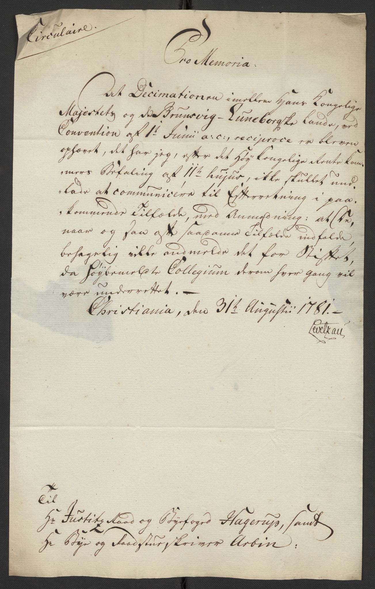 Oslo politidistrikt, AV/SAO-A-10085/D/Da/L0003: Innkomne brev, pro memoria m.v., 1781, p. 38
