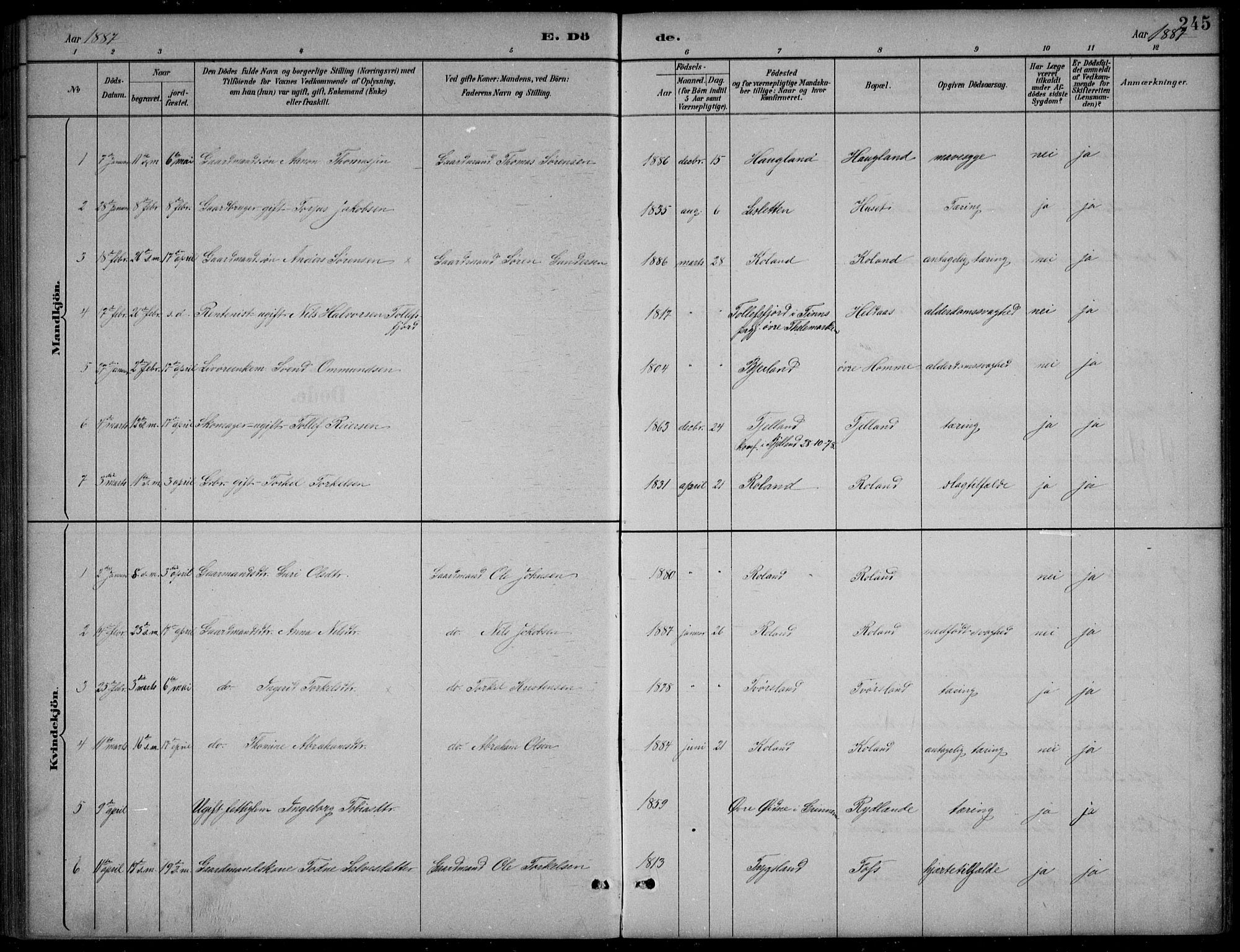 Bjelland sokneprestkontor, SAK/1111-0005/F/Fb/Fba/L0005: Parish register (copy) no. B 5, 1887-1923, p. 245
