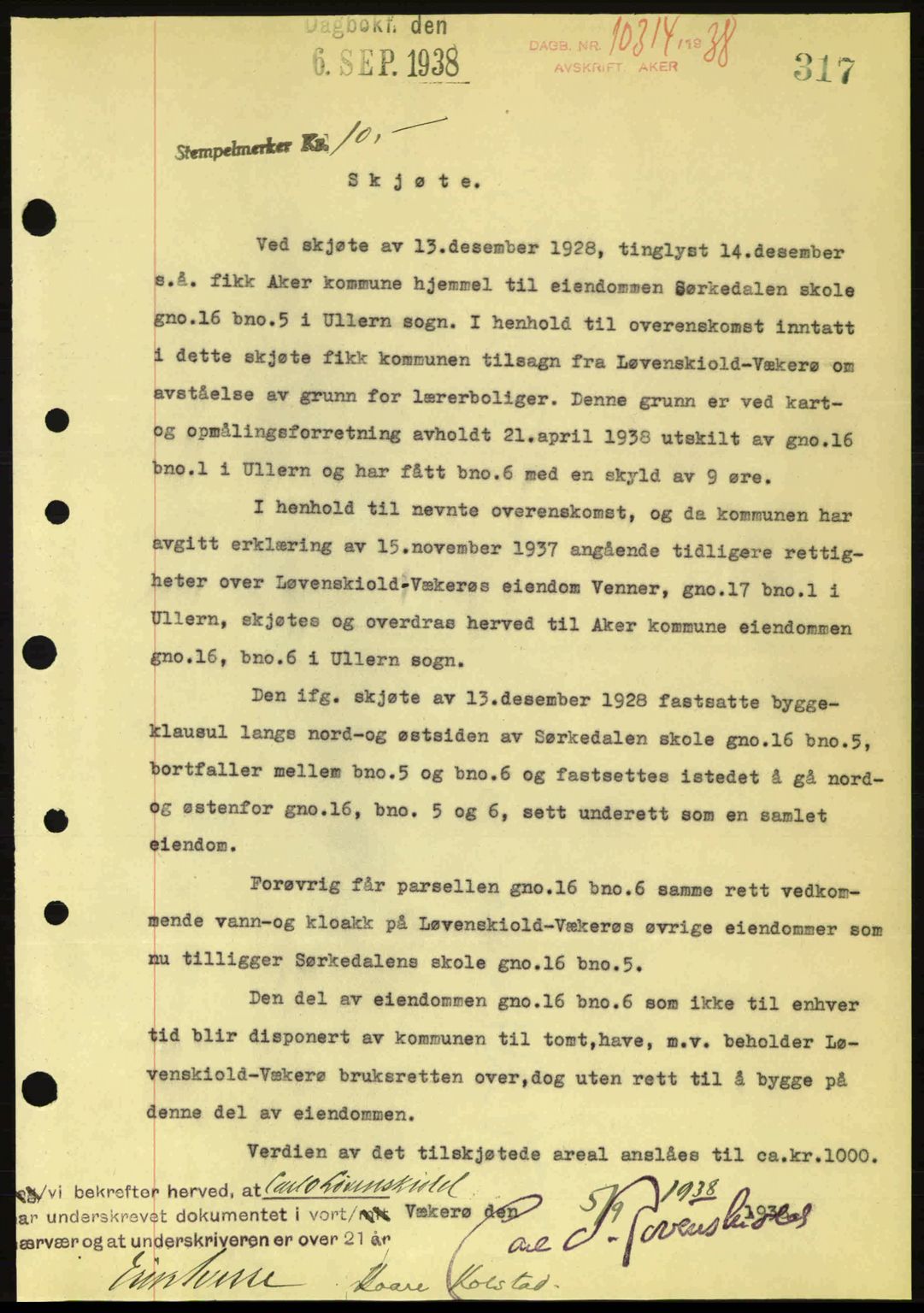 Aker herredsskriveri, SAO/A-10896/G/Gb/Gba/Gbab/L0025: Mortgage book no. A154-155, 1938-1938, Diary no: : 10314/1938