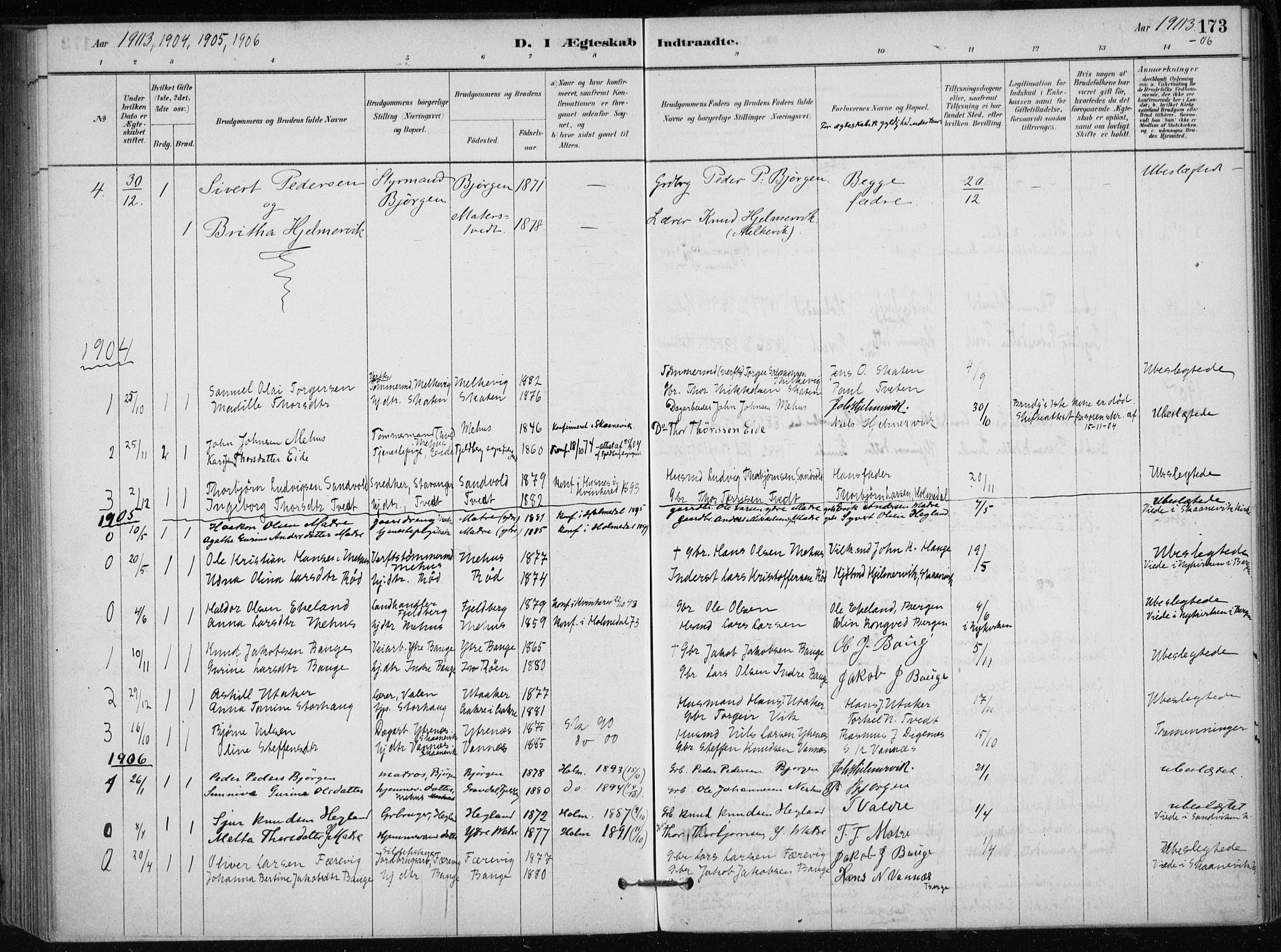 Skånevik sokneprestembete, SAB/A-77801/H/Haa: Parish register (official) no. C  1, 1879-1917, p. 173