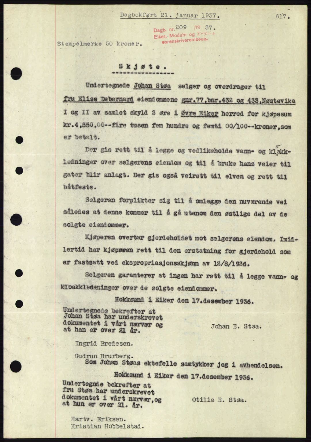 Eiker, Modum og Sigdal sorenskriveri, SAKO/A-123/G/Ga/Gab/L0034: Mortgage book no. A4, 1936-1937, Diary no: : 209/1937