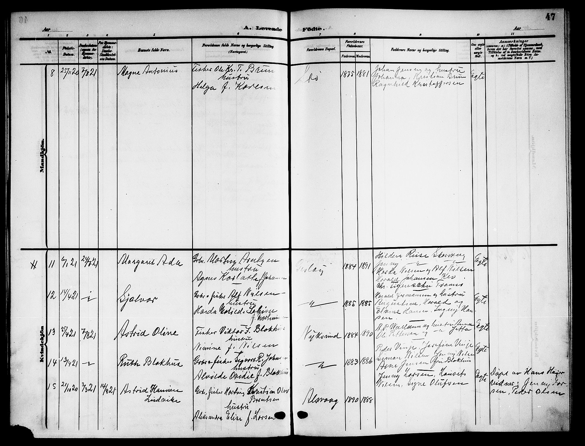 Ministerialprotokoller, klokkerbøker og fødselsregistre - Nordland, AV/SAT-A-1459/894/L1361: Parish register (copy) no. 894C04, 1905-1922, p. 47