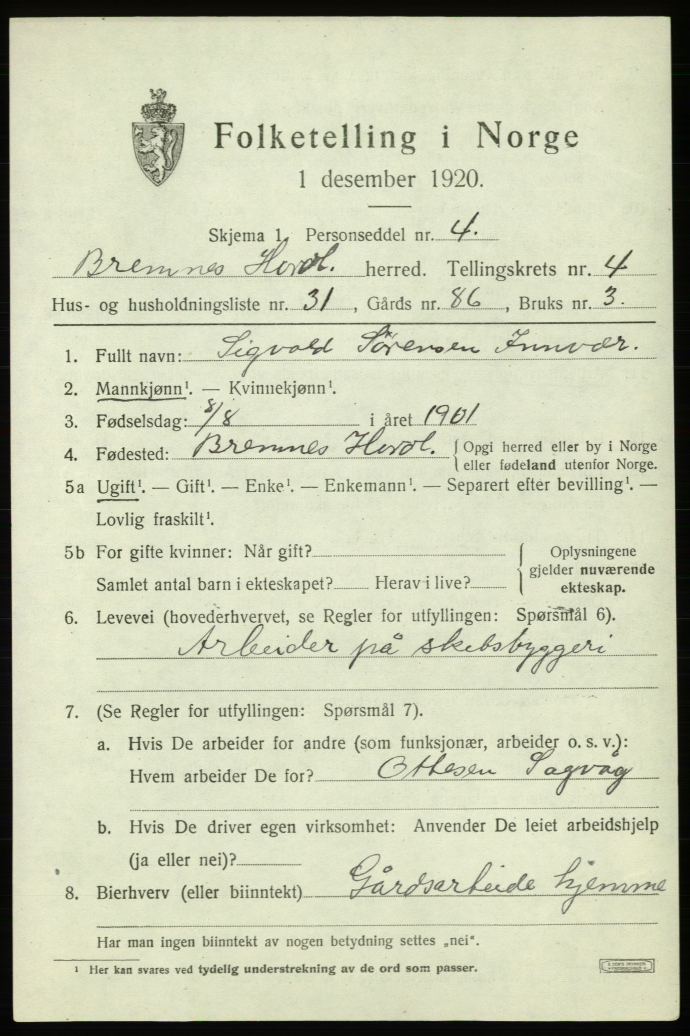 SAB, 1920 census for Bremnes, 1920, p. 2200