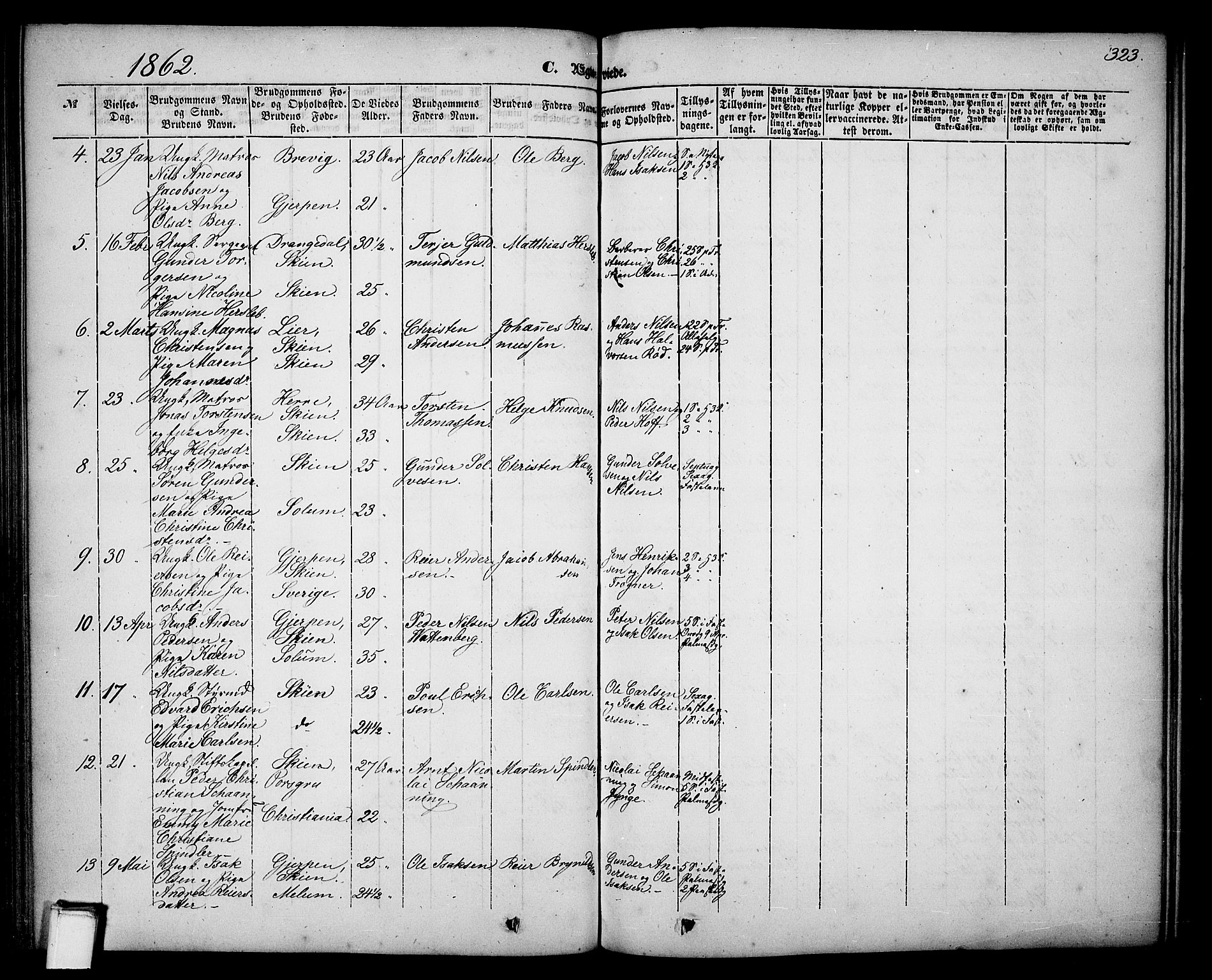 Skien kirkebøker, SAKO/A-302/G/Ga/L0004: Parish register (copy) no. 4, 1843-1867, p. 323