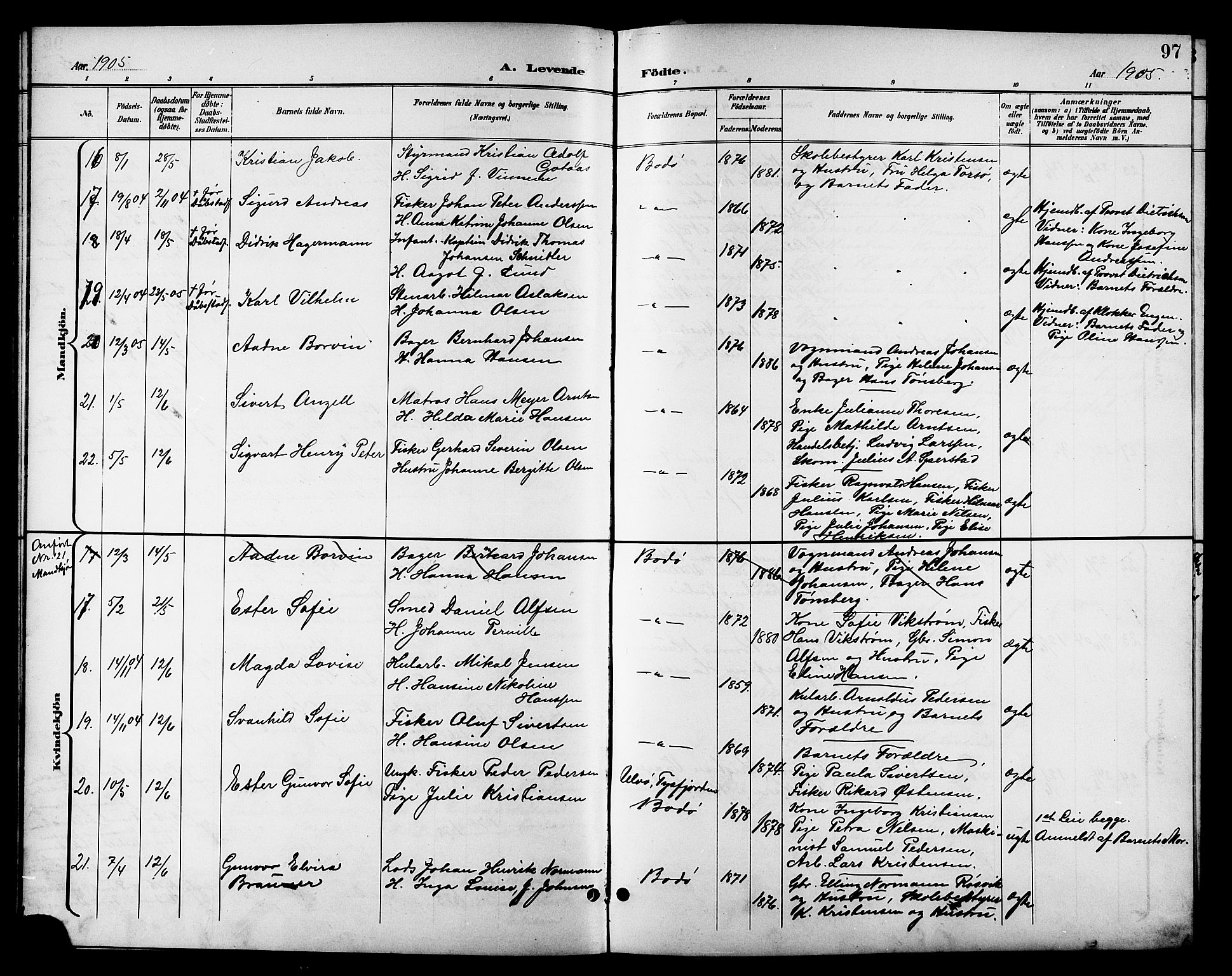 Ministerialprotokoller, klokkerbøker og fødselsregistre - Nordland, SAT/A-1459/801/L0033: Parish register (copy) no. 801C08, 1898-1910, p. 97