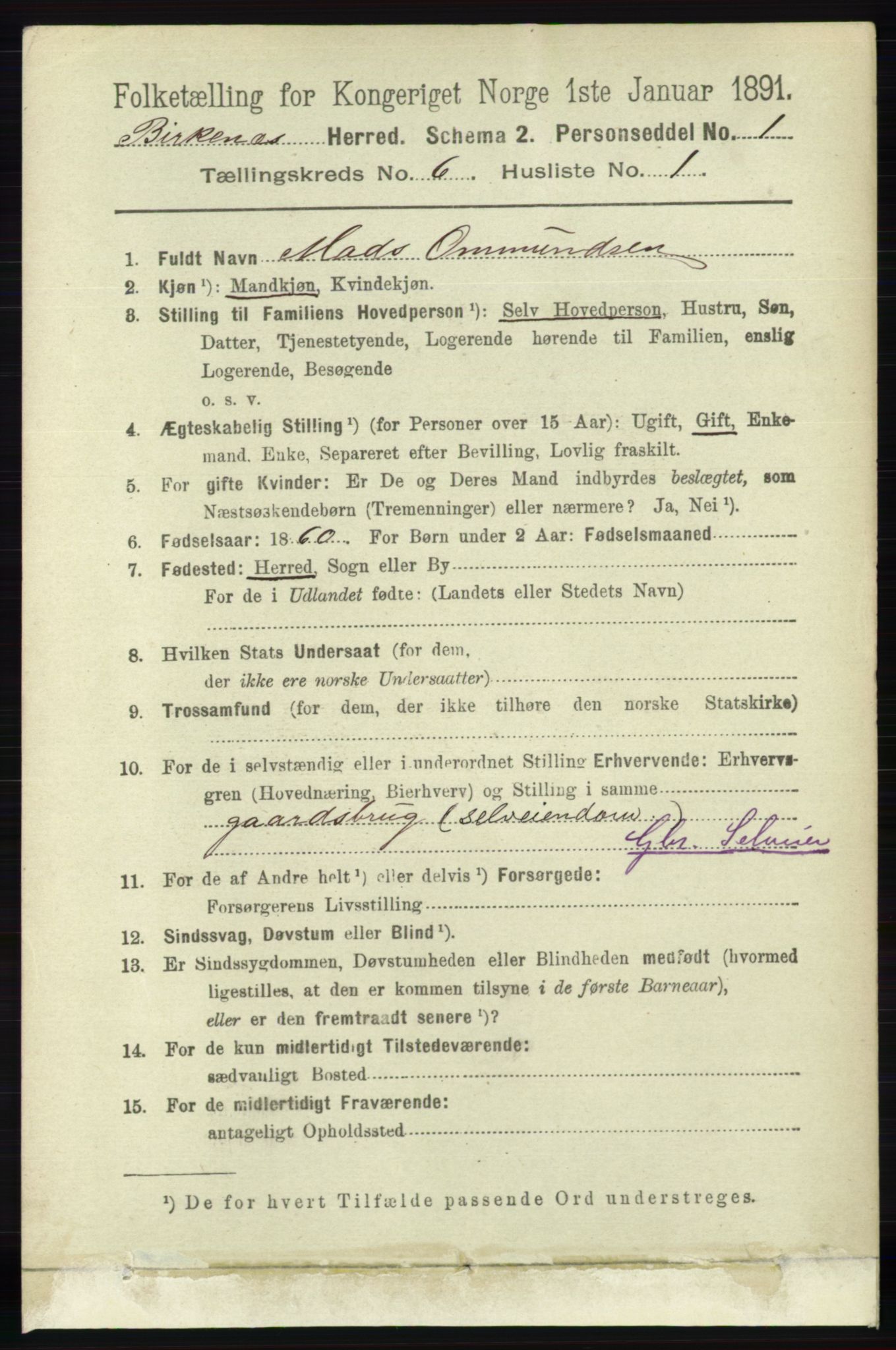 RA, 1891 Census for 0928 Birkenes, 1891, p. 1795