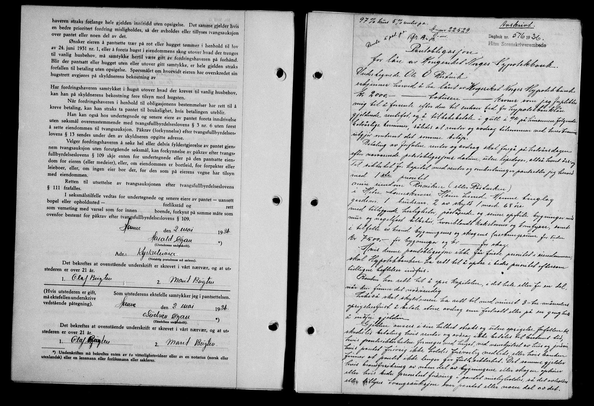 Hitra sorenskriveri, AV/SAT-A-0018/2/2C/2Ca/L0028: Mortgage book no. B-1, 1936-1939, Diary no: : 576/1936
