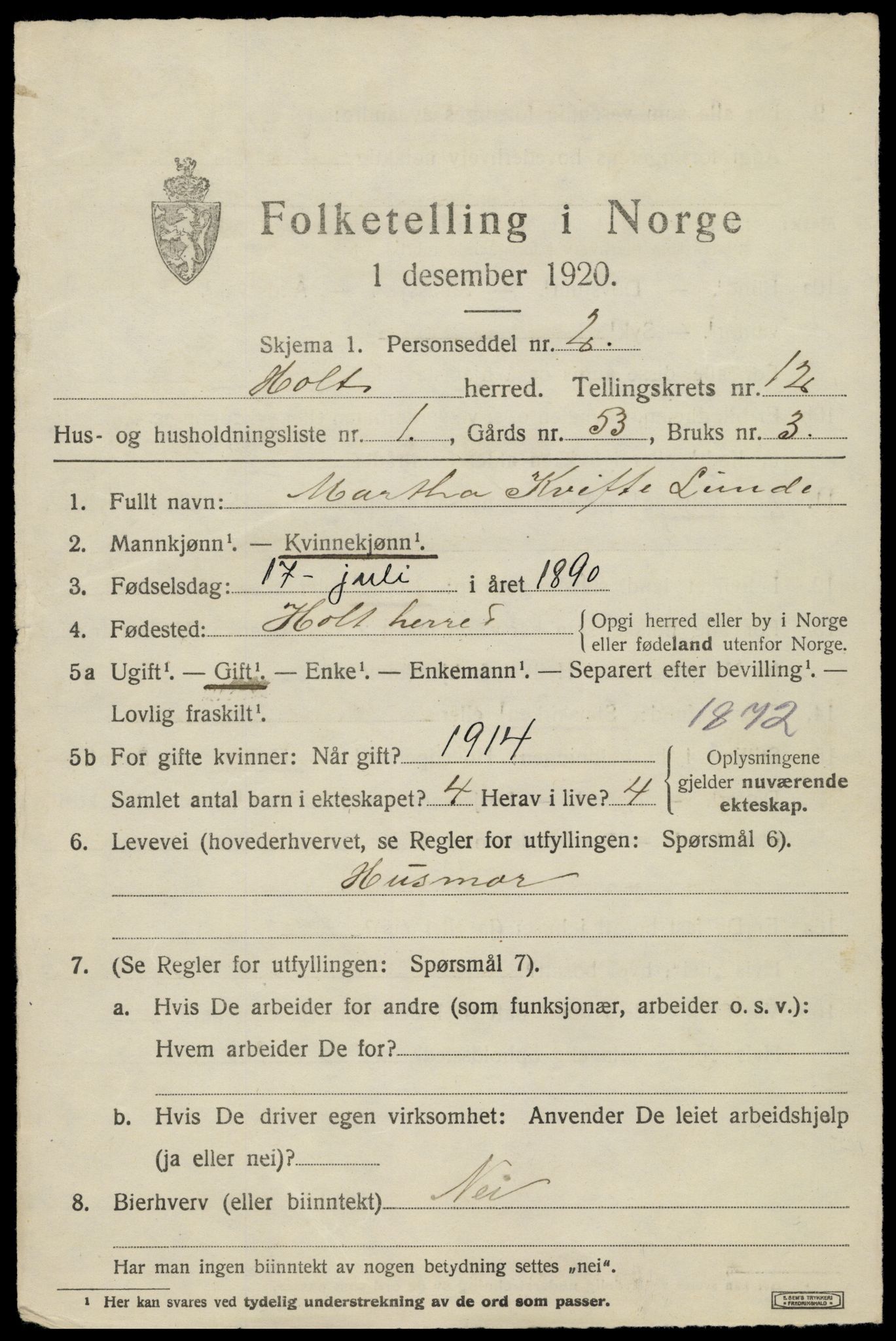 SAK, 1920 census for Holt, 1920, p. 7136