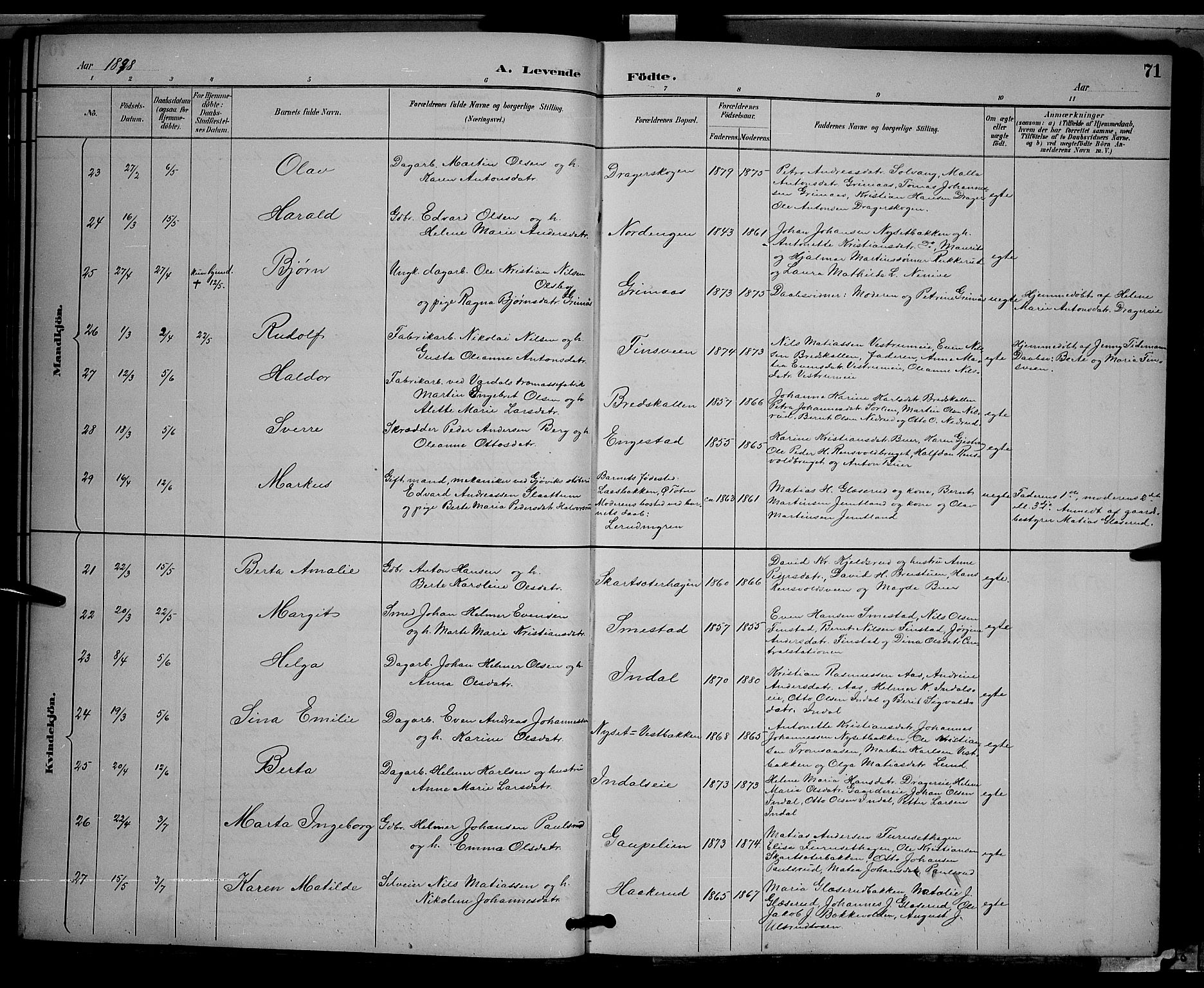 Vestre Toten prestekontor, AV/SAH-PREST-108/H/Ha/Hab/L0009: Parish register (copy) no. 9, 1888-1900, p. 71