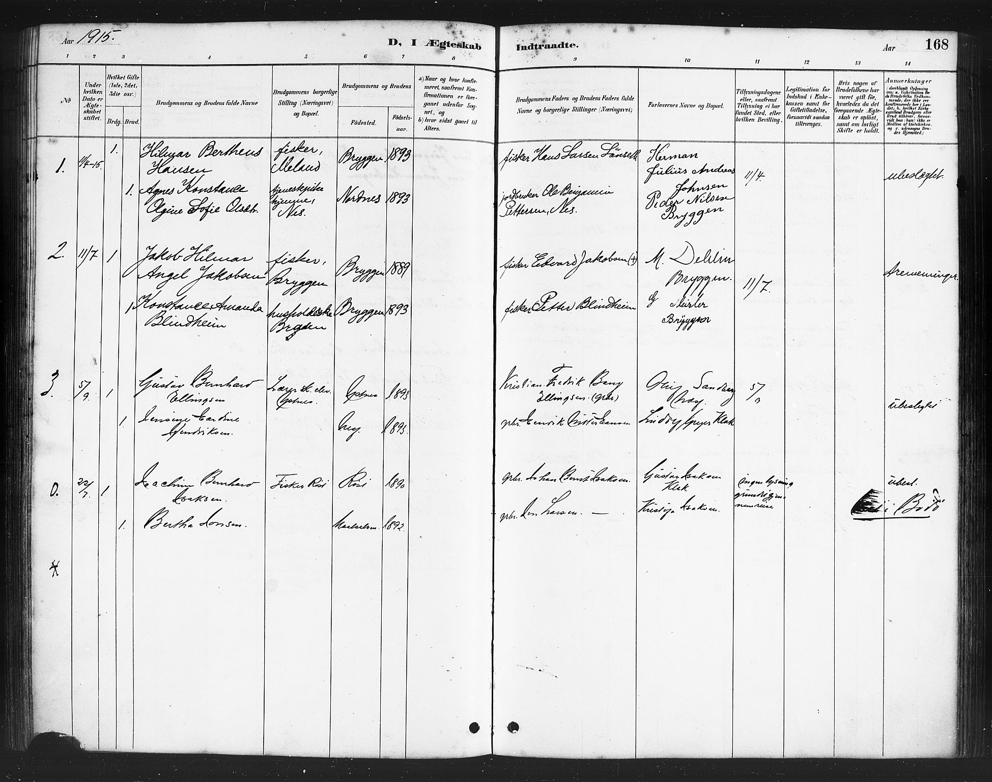 Ministerialprotokoller, klokkerbøker og fødselsregistre - Nordland, AV/SAT-A-1459/808/L0131: Parish register (copy) no. 808C02, 1879-1919, p. 168